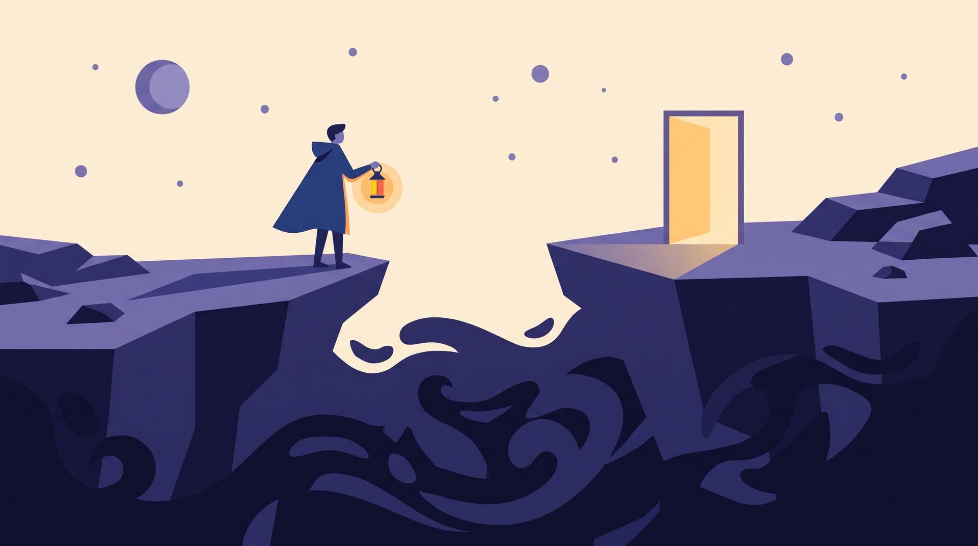 A lone figure with a lantern at the edge of a cliff at night, facing a glowing open door across a dark chasm