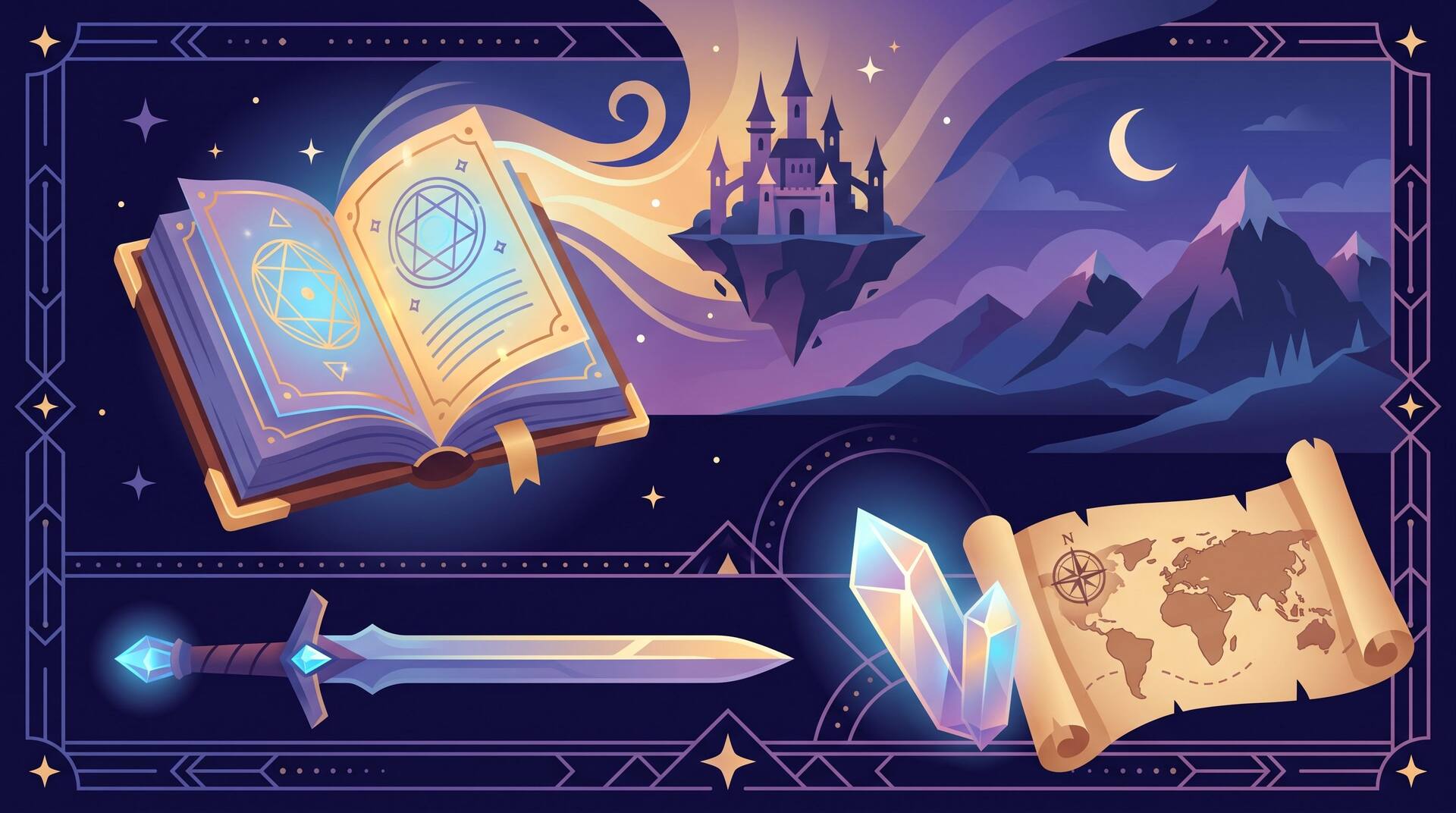 Epic fantasy scene with a glowing spellbook, a castle on a floating island, mountains, a sword, a crystal and a map scroll