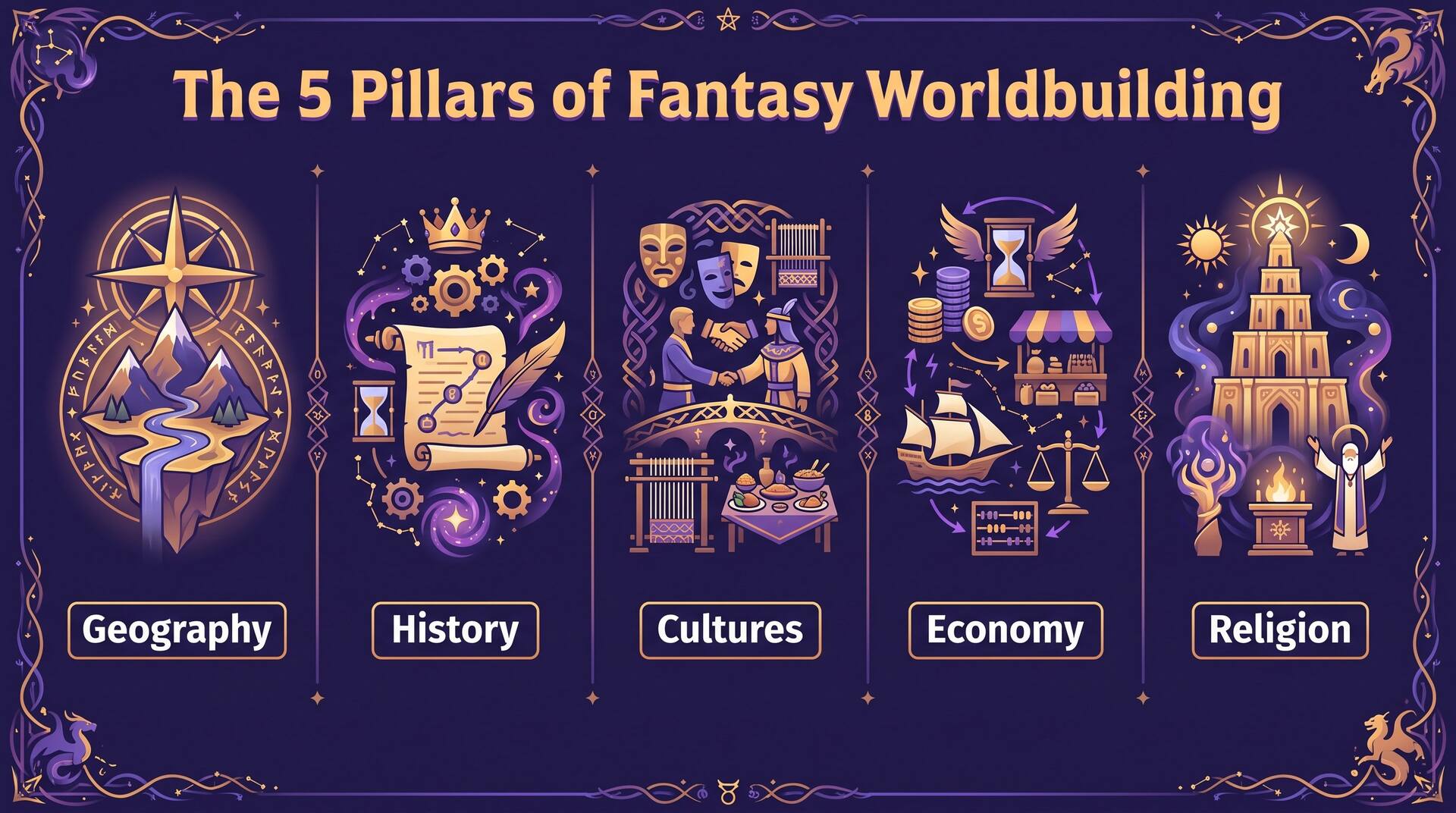 Infographic of the five pillars of fantasy worldbuilding: geography, history, cultures, economy, religion