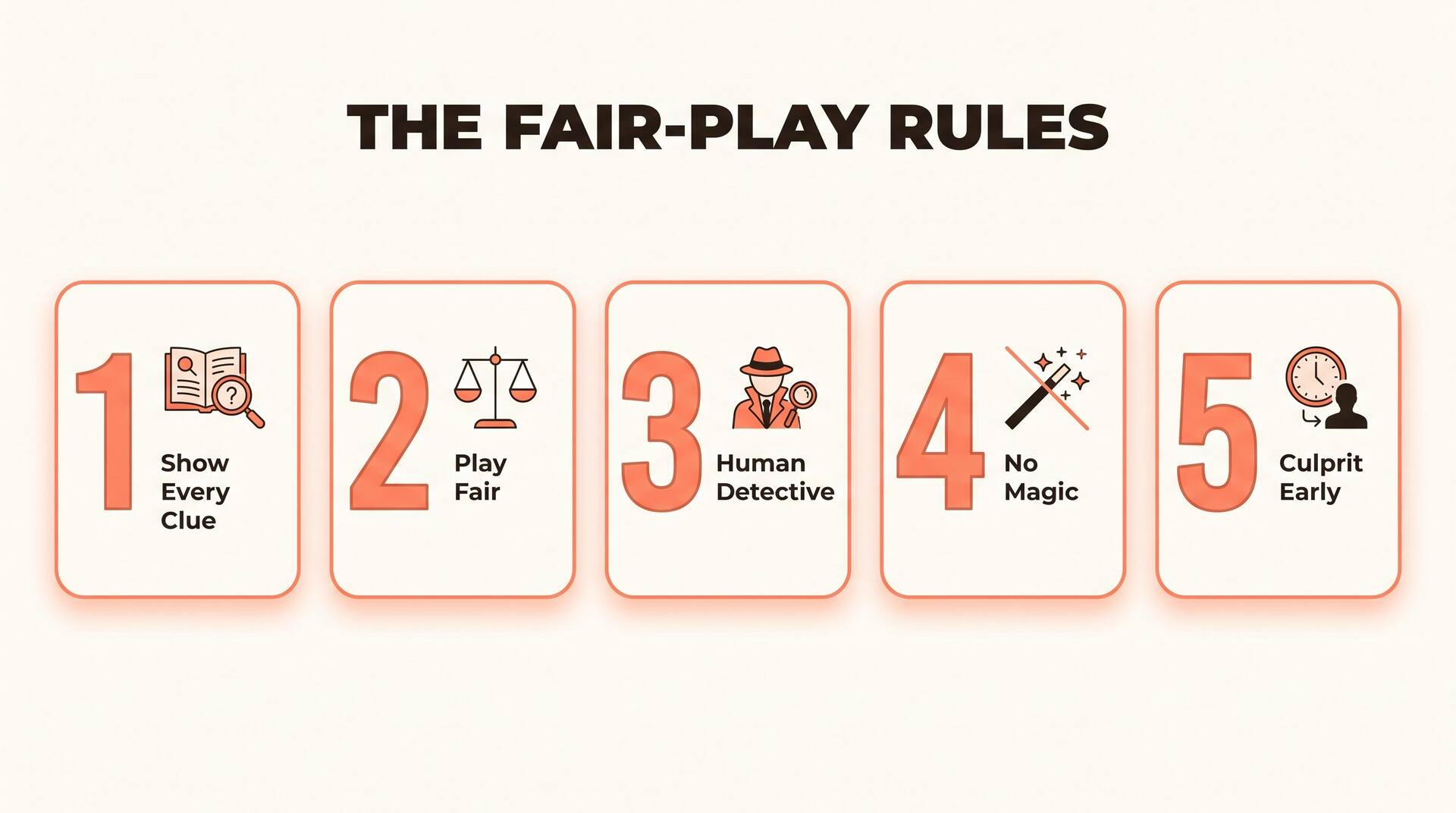 Infographic of the five fair-play rules of mystery writing: show every clue, play fair, human detective, no magic, and reveal the culprit early