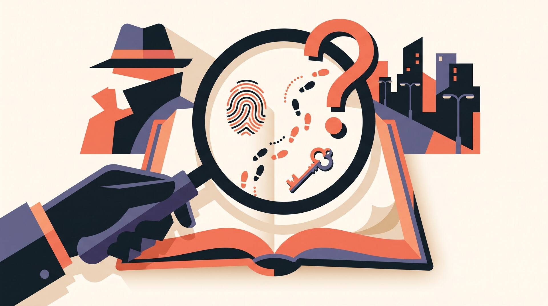 Illustration of a detective examining clues through a magnifying glass over an open book