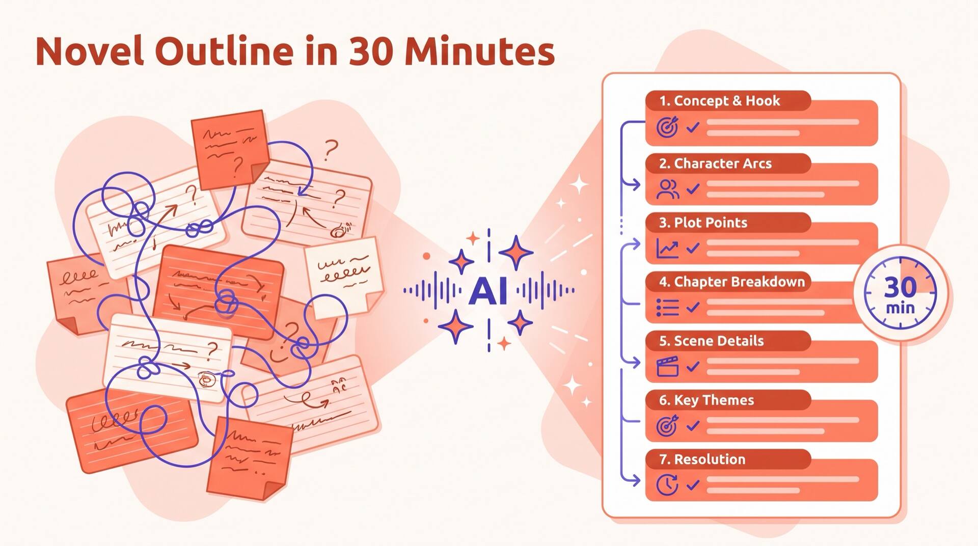 Scattered index cards and sticky notes transforming through AI into a clean structured novel outline in 30 minutes