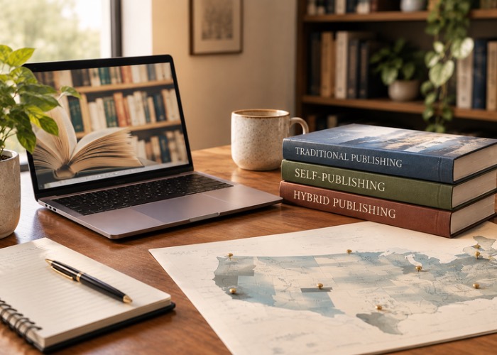 A laptop beside stacked books labeled traditional publishing, self-publishing, and hybrid publishing, with a pinned map of the United States