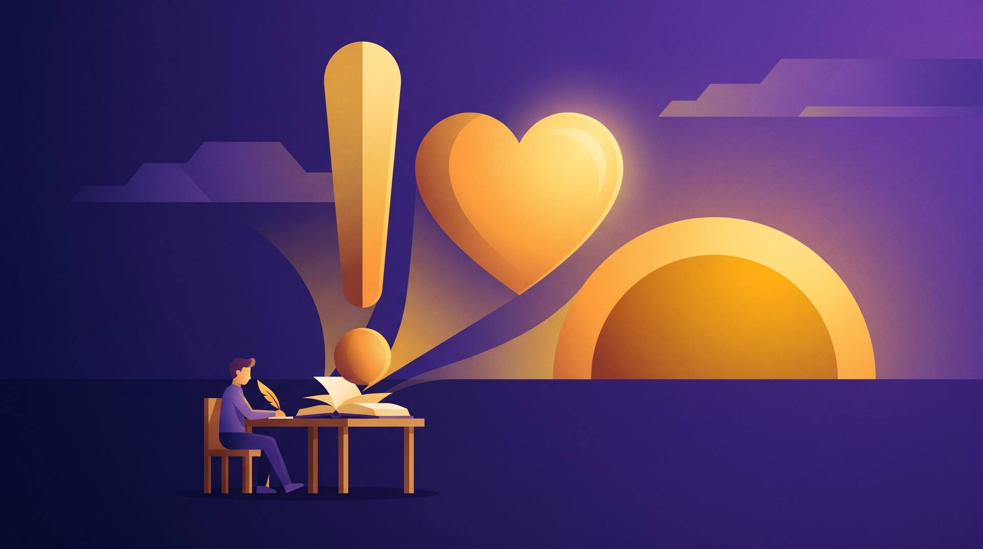 Illustration of a writer at a desk with an oversized exclamation mark, giant heart, and huge sun rising from the page, representing hyperbole and exaggeration in writing