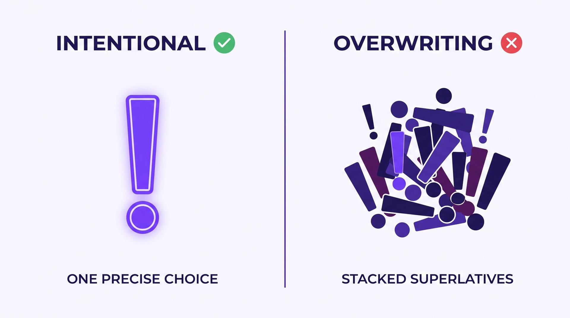 Comparison infographic contrasting intentional hyperbole as one precise choice against overwriting as stacked superlatives