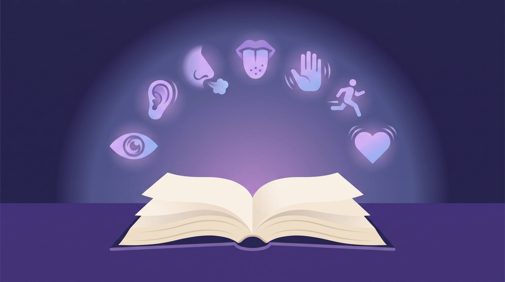 An open book with the seven senses of imagery rising from its pages as glowing icons