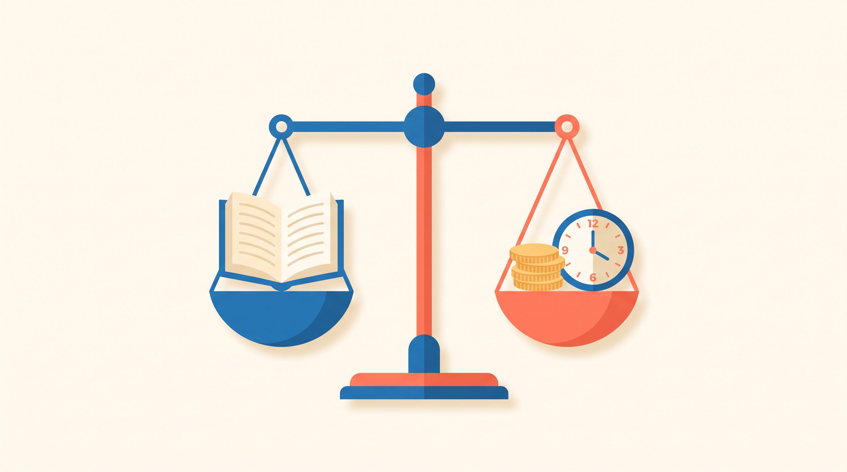Illustration of a balance scale weighing a book against coins and time for Amazon KDP
