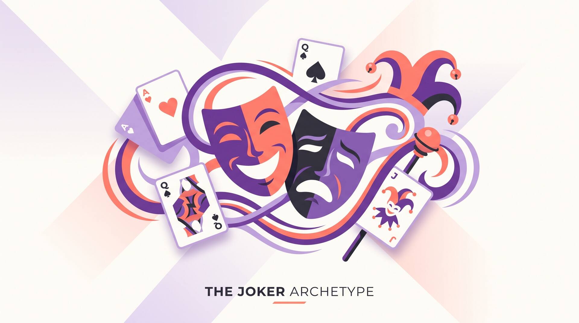 Illustration of comedy and tragedy theatre masks with playing cards and a jester scepter, representing the Joker trickster archetype