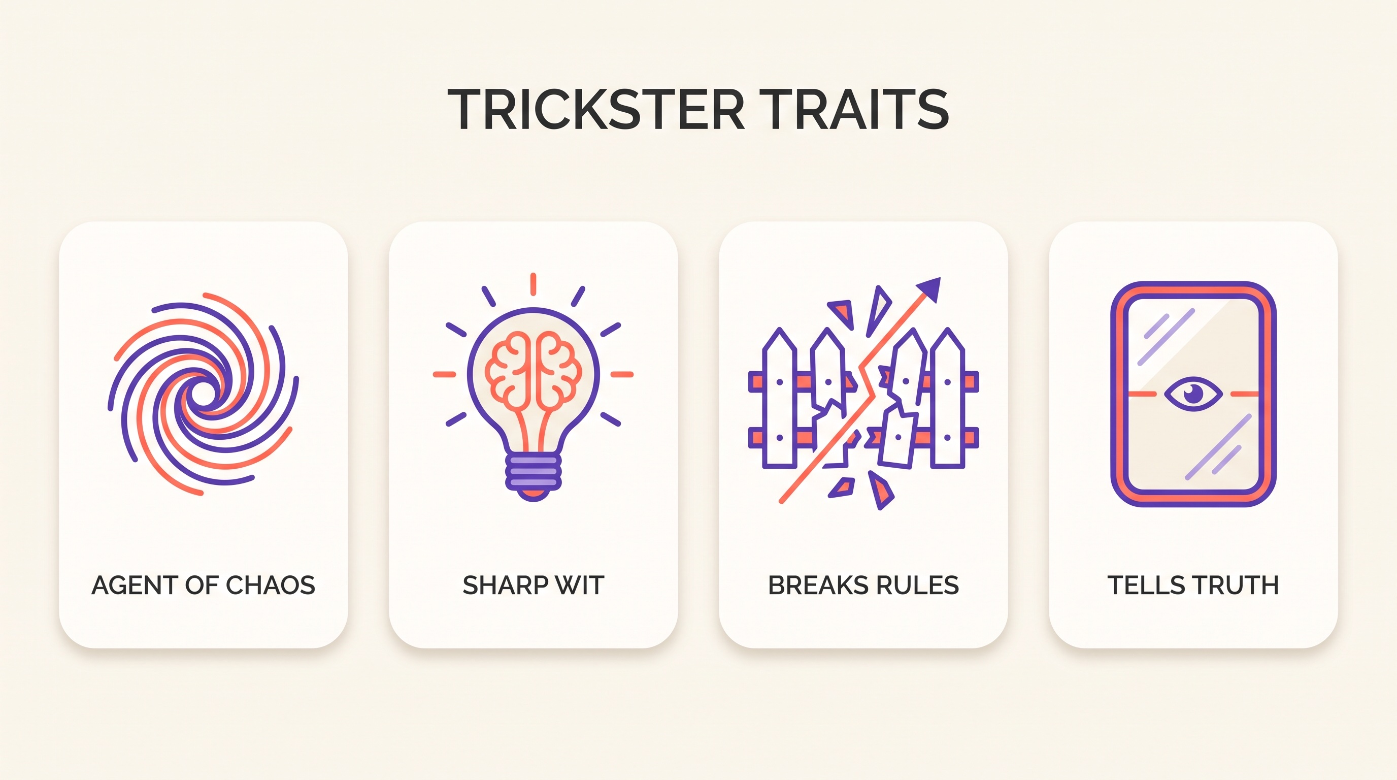 Four trait cards describing the trickster archetype: agent of chaos, sharp wit, breaks rules and tells truth
