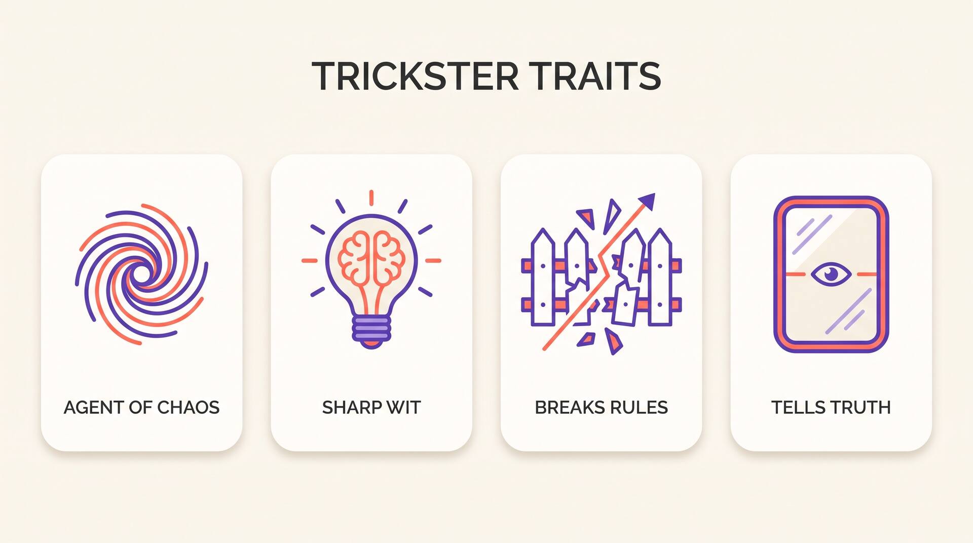 Four trait cards describing the trickster archetype: agent of chaos, sharp wit, breaks rules and tells truth