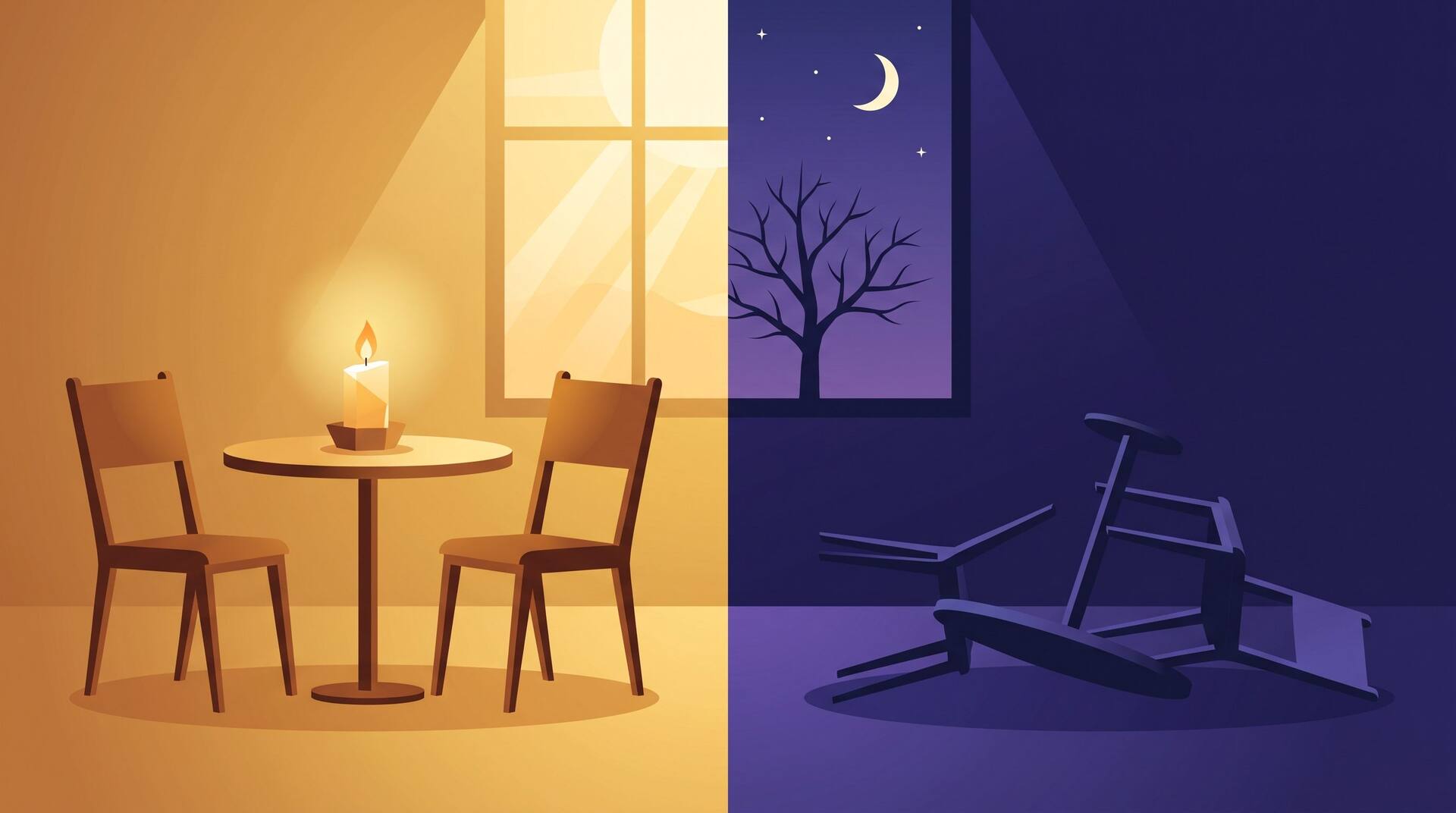Split illustration: a warm candlelit table with two chairs on the left half, the same room cold and the furniture overturned on the right half