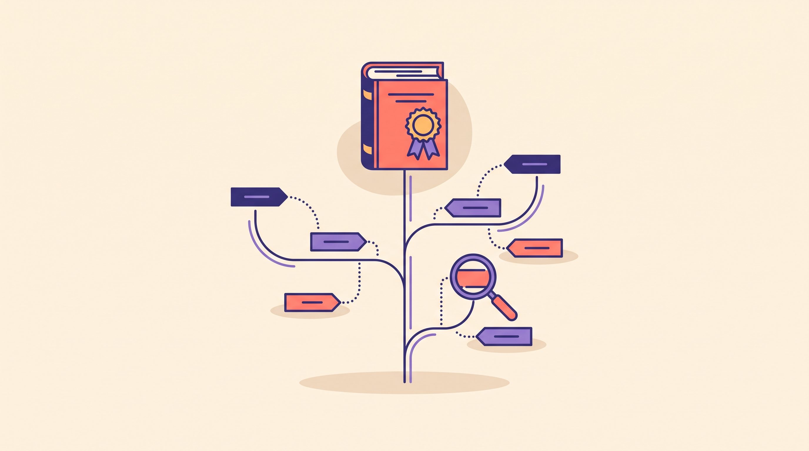 Illustration of a book wearing a golden best seller badge above a branching category tree with tags and a magnifying glass