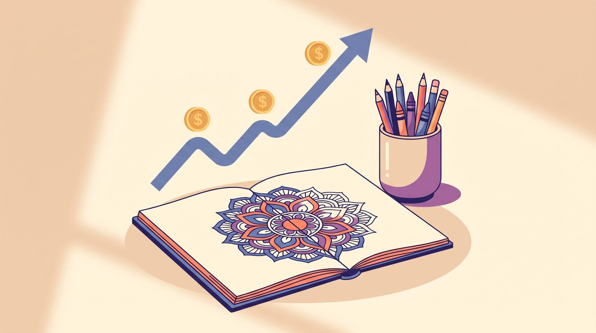 Illustration of an open coloring book with a half-colored mandala, a cup of colored pencils, and a rising income trend line with coins