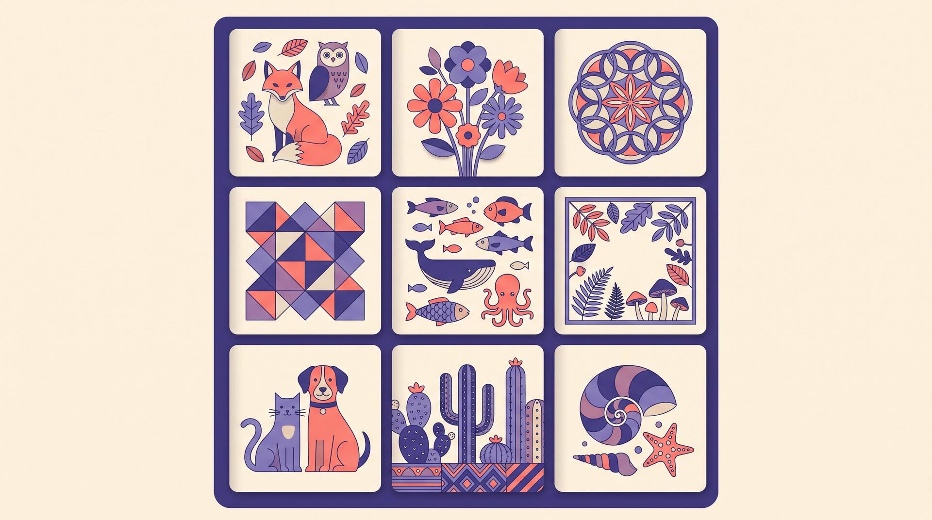 Grid of coloring book niche ideas including animals, florals, mandalas, geometric patterns, sea creatures, botanicals, pets, cacti, and seashells