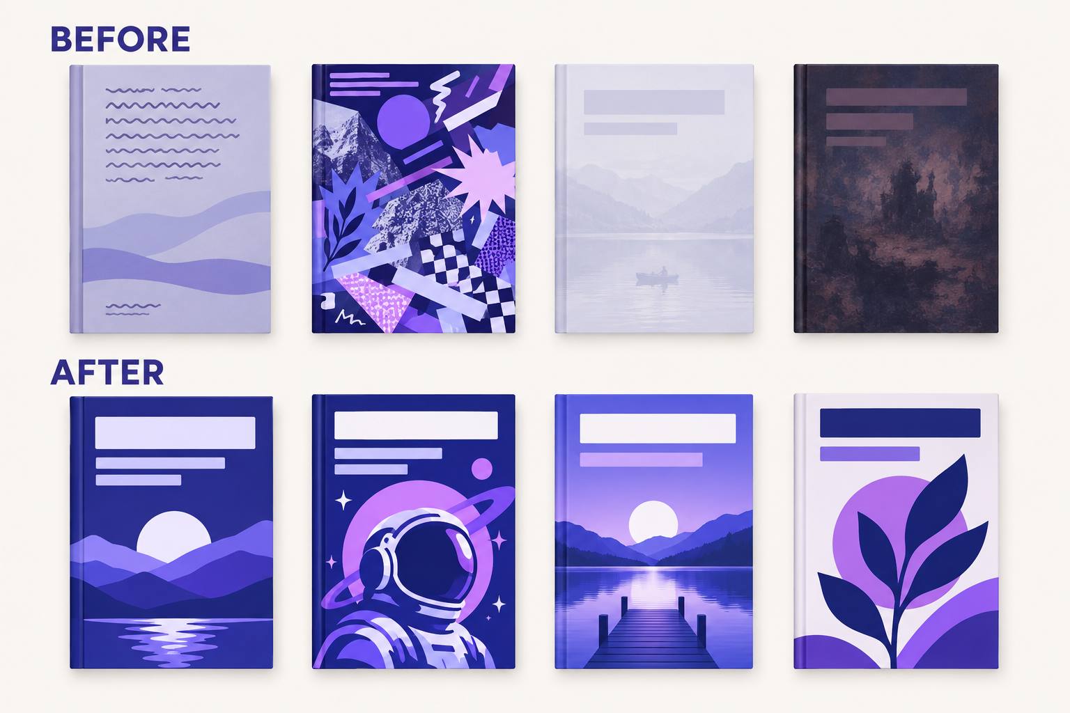 Before and after grid: four weak thumbnail covers with tiny text, clutter, low contrast, and muddy color, above the same books redesigned with a bold title block, one focal image, and strong contrast