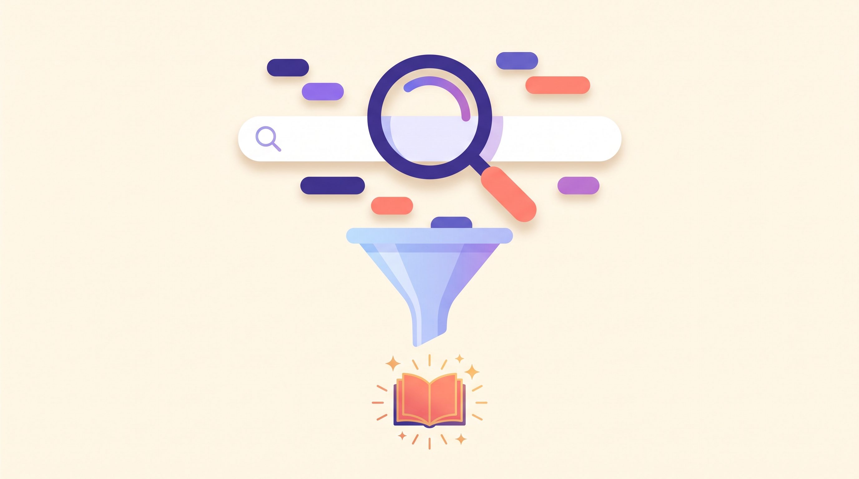 Illustration of a magnifying glass over a search bar with keyword tags feeding into a funnel that narrows down to a single profitable book