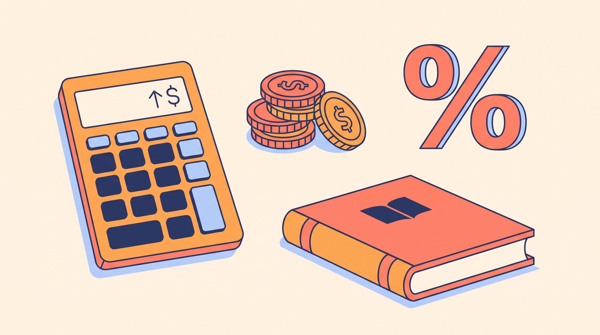 Calculator, coins and percent sign representing KDP royalties