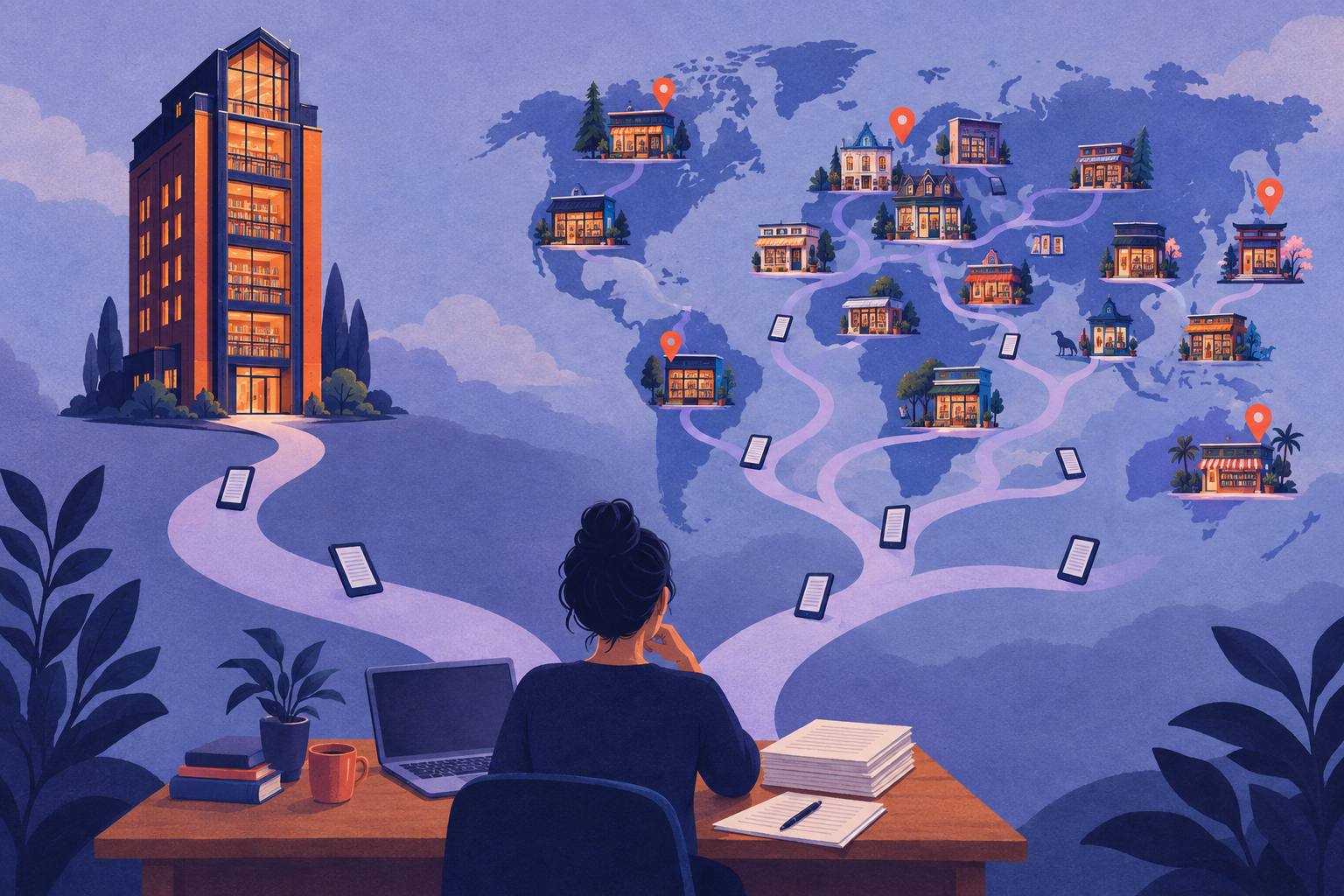 A writer at a desk choosing between one tall Amazon-style warehouse tower and many small bookshops spread across a world map