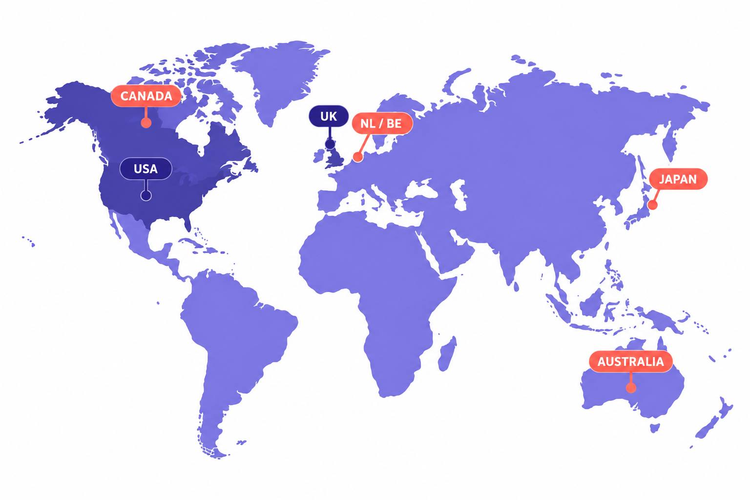 World map with USA and UK marked in dark indigo as Amazon-led markets, and Canada, the Netherlands and Belgium, Australia and Japan marked in coral as markets where Kobo matters