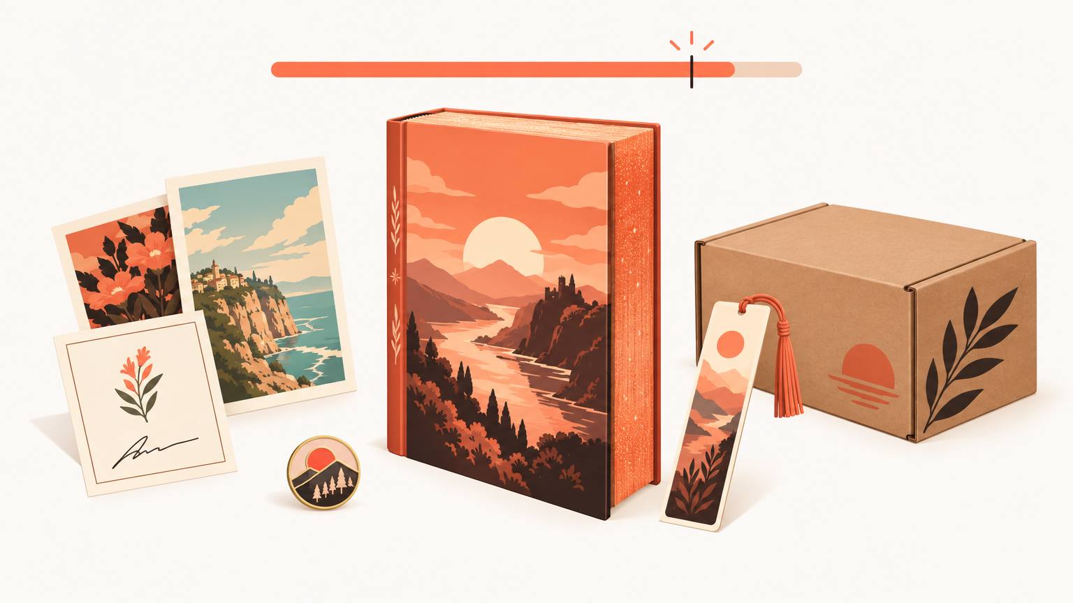 A special-edition hardcover with sprayed edges surrounded by art prints, a signed bookplate, an enamel pin, a bookmark and a shipping box