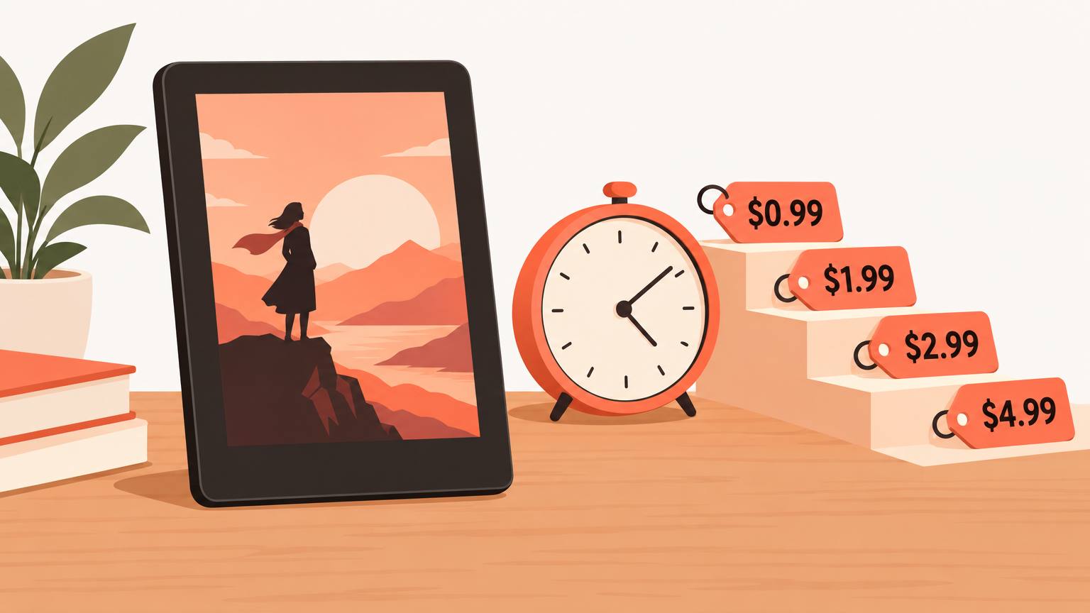 An e-reader beside a countdown clock and a staircase of price tags from $0.99 to $4.99