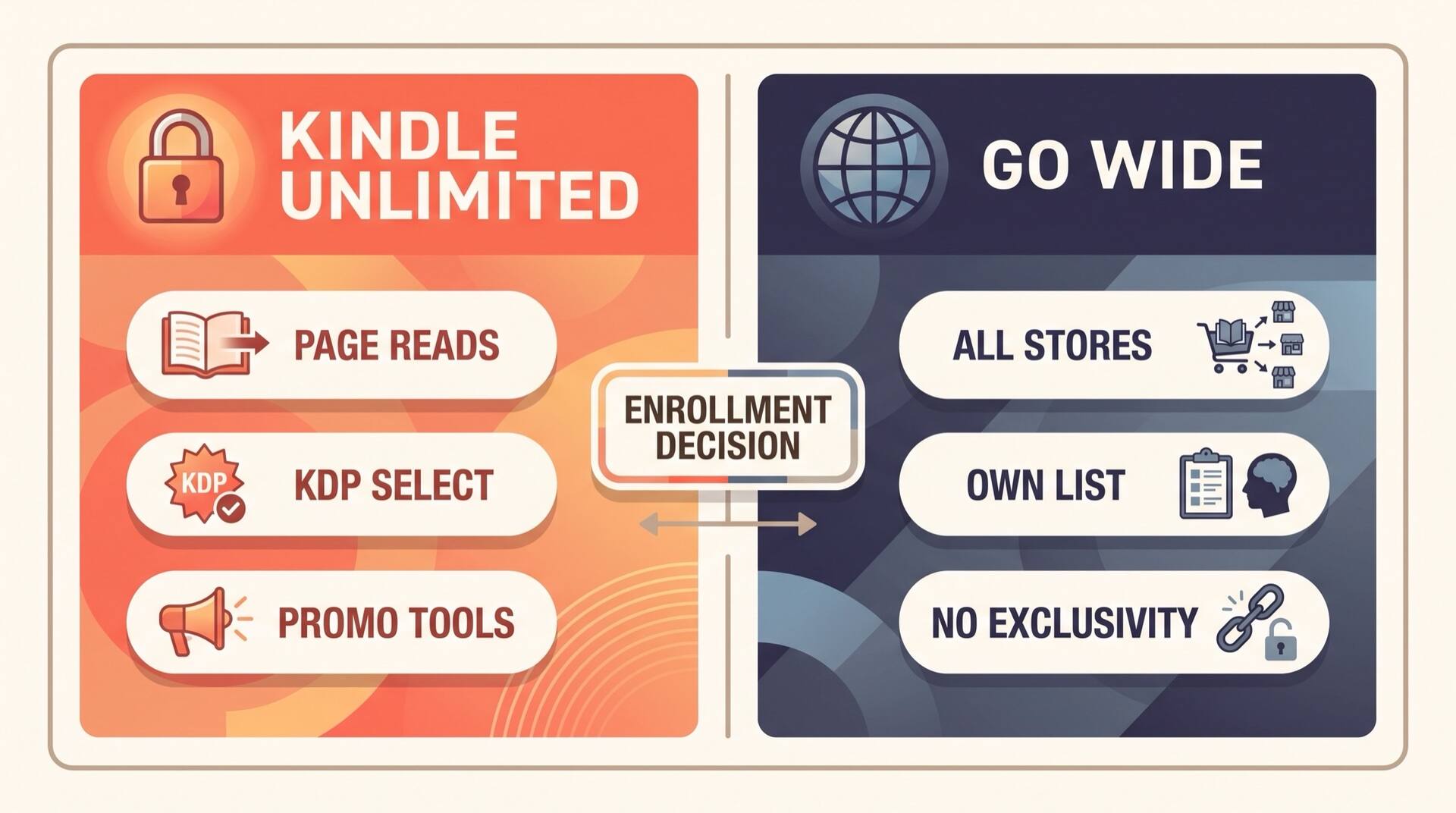 Side-by-side comparison of Kindle Unlimited enrollment versus going wide, showing page reads, KDP Select and promo tools against selling on all stores with no exclusivity