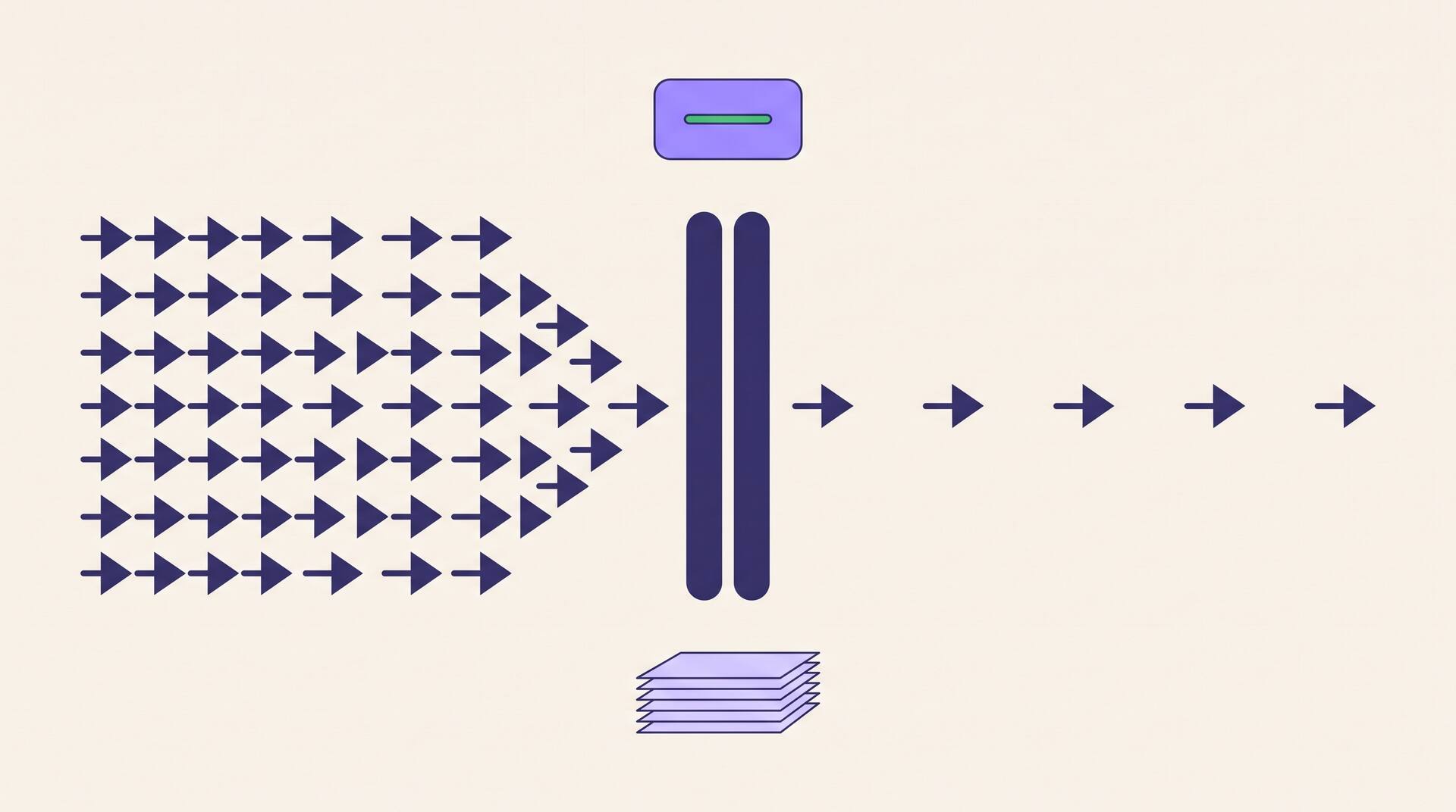 Flat vector illustration of a traffic surge arriving at a calm green dashboard while a hidden queue builds behind it