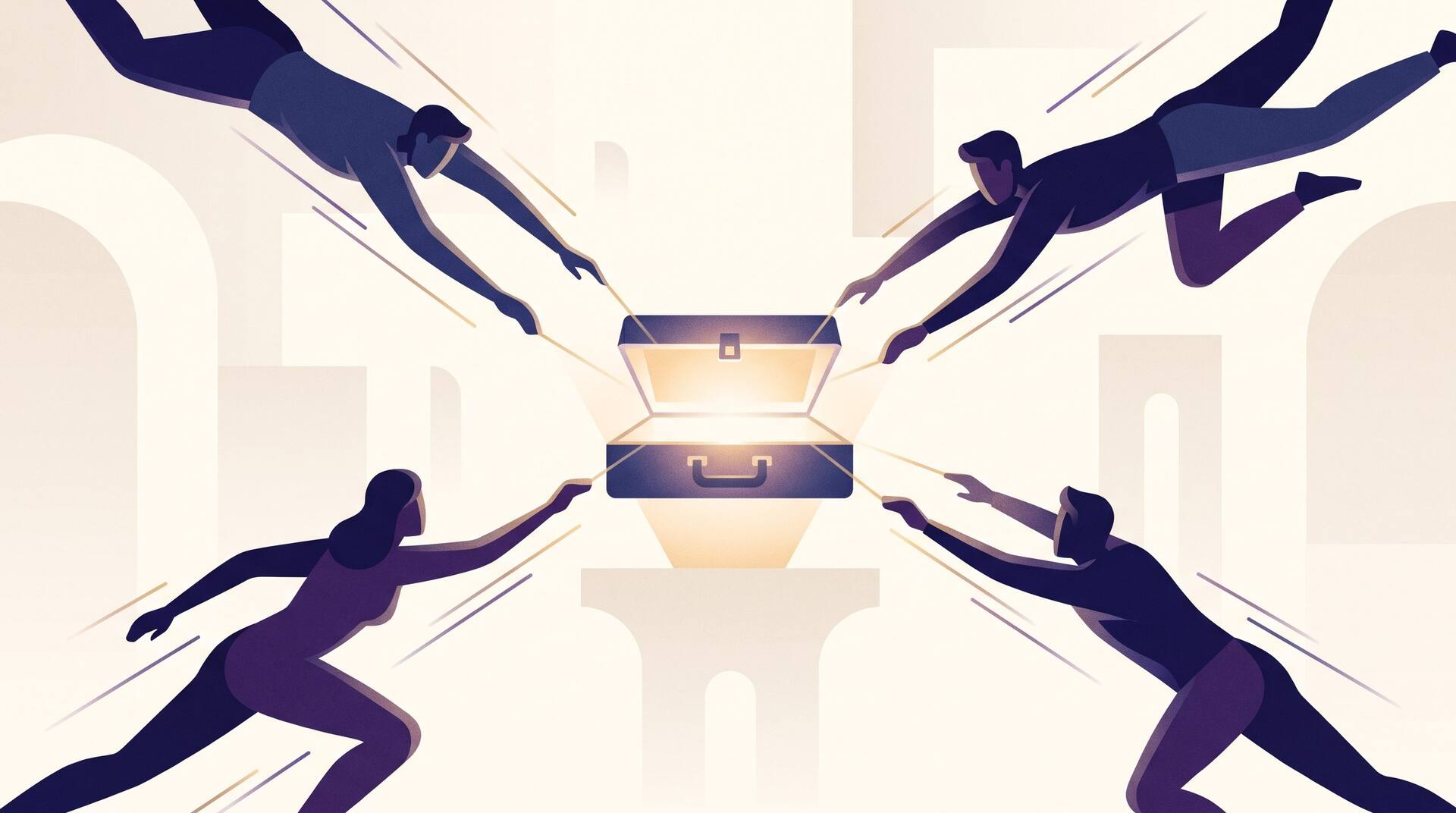 Illustration of four figures lunging from all four corners toward an open glowing briefcase on a pedestal, its contents invisible