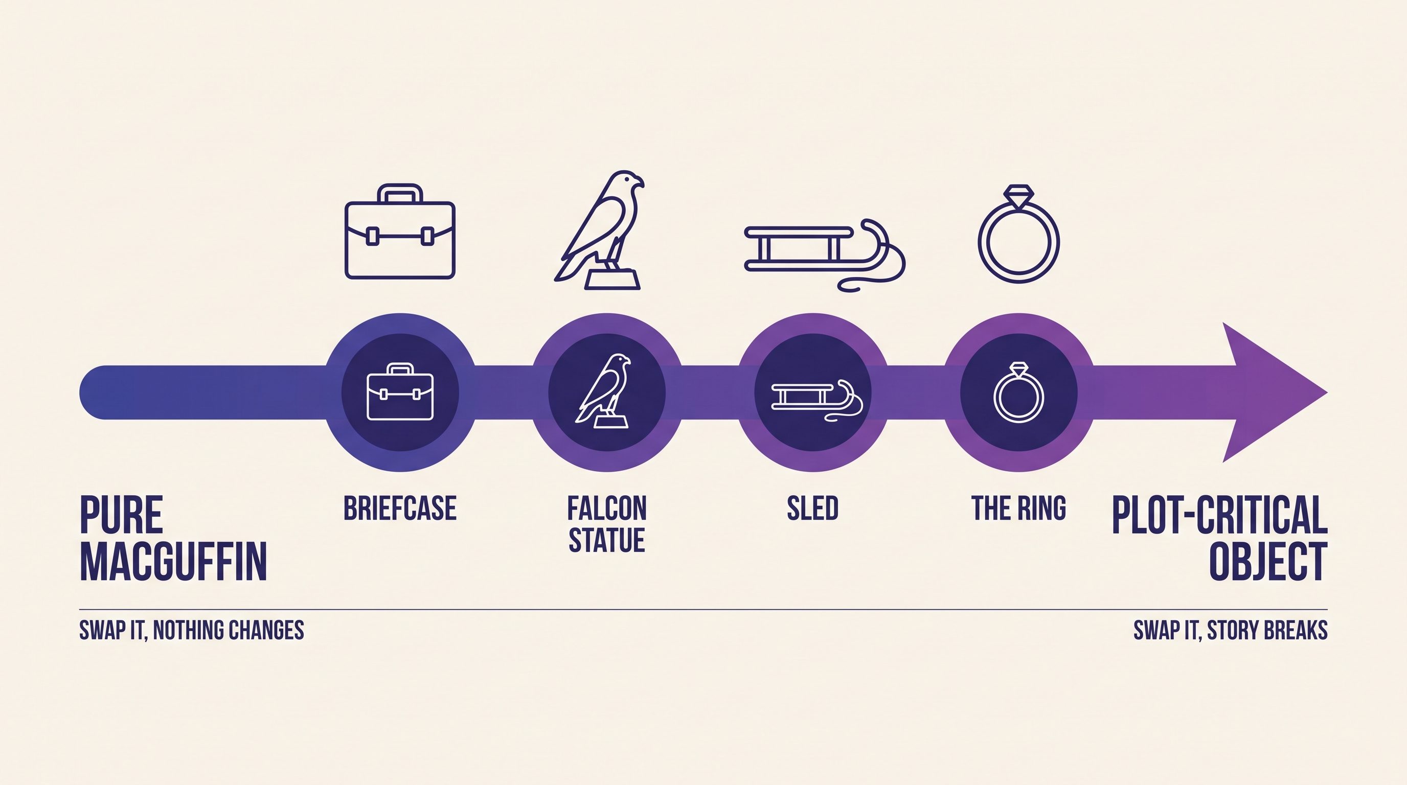 Infographic showing a left-to-right spectrum from pure MacGuffin to plot-critical object, with a briefcase, a falcon statue, a sled and a ring placed along it