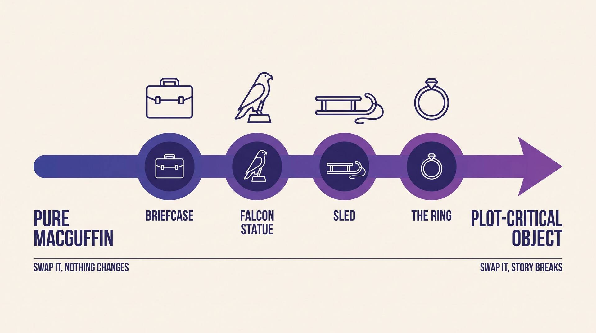 Infographic showing a left-to-right spectrum from pure MacGuffin to plot-critical object, with a briefcase, a falcon statue, a sled and a ring placed along it