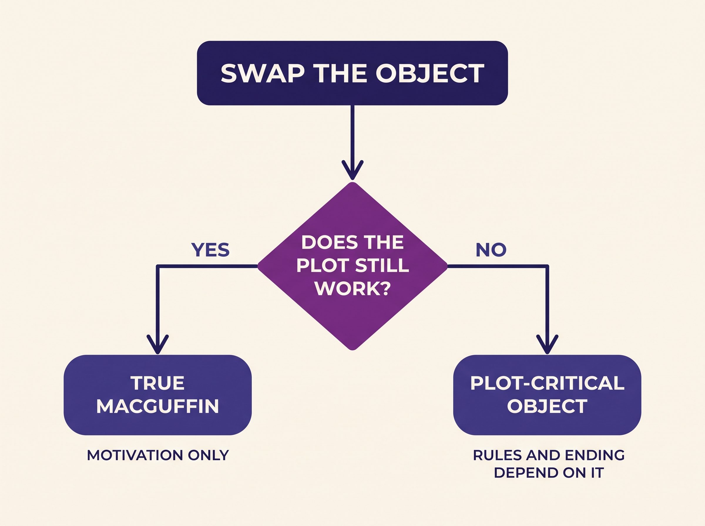 Flowchart: swap the object, ask whether the plot still works, yes leads to true MacGuffin, no leads to plot-critical object