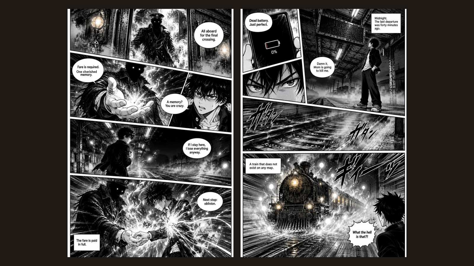 Due pagine manga in bianco e nero generate dall'AI con retini, linee cinetiche e fumetti