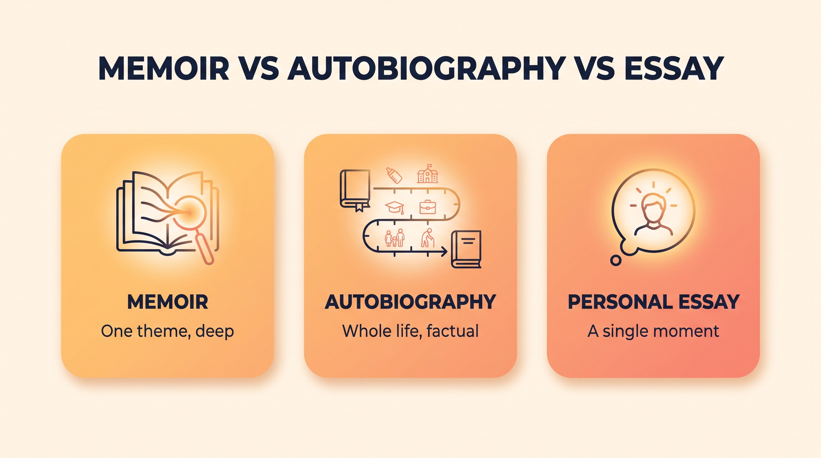 Comparison chart of memoir versus autobiography versus personal essay