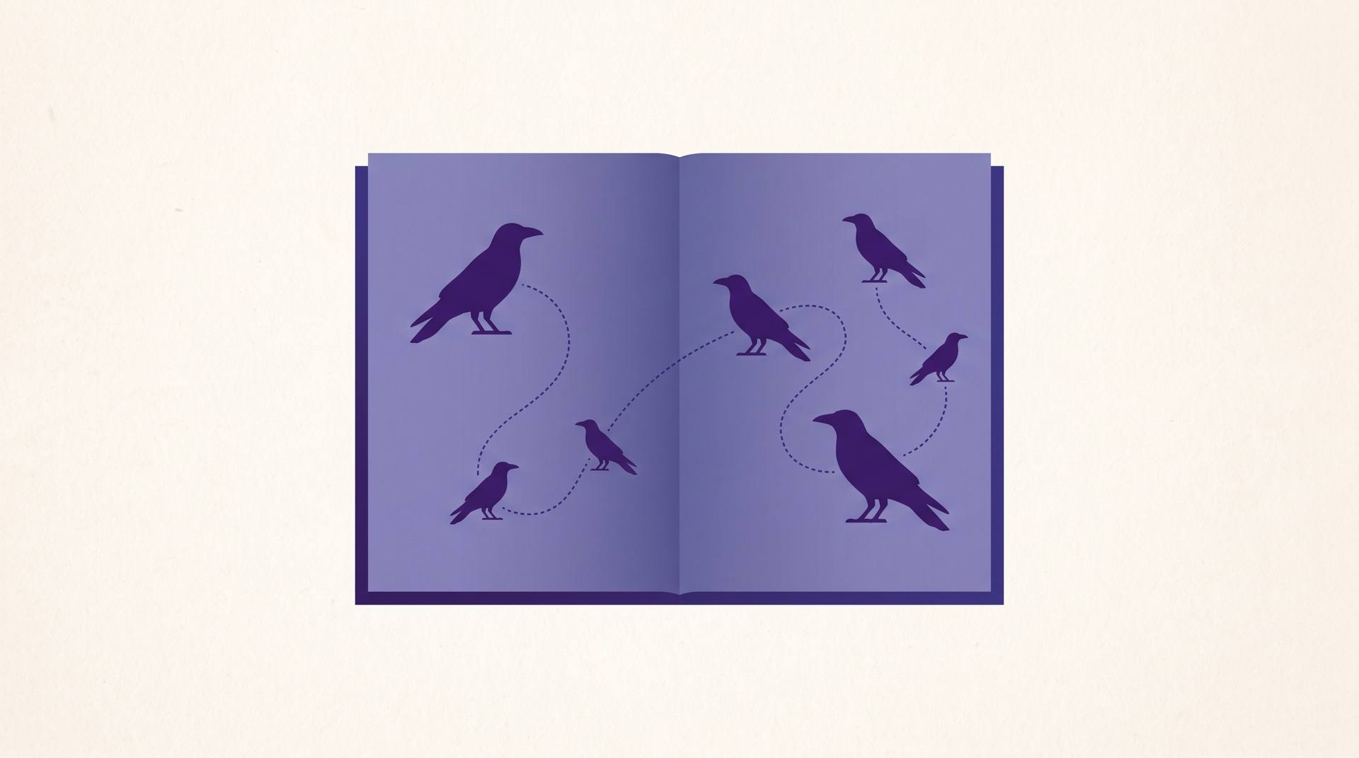 Illustration of an open book with the same raven silhouette repeating seven times across both pages, joined by a dotted line