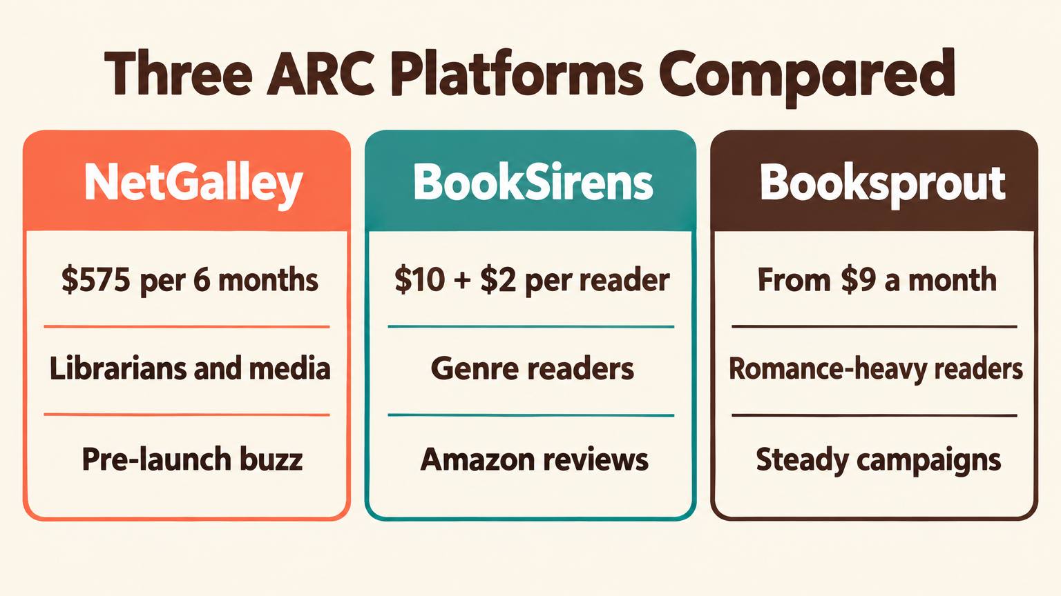 Three cards comparing NetGalley at $575 per 6 months for librarians and media, BookSirens at $10 plus $2 per reader for genre readers, and Booksprout from $9 a month for romance-heavy readers