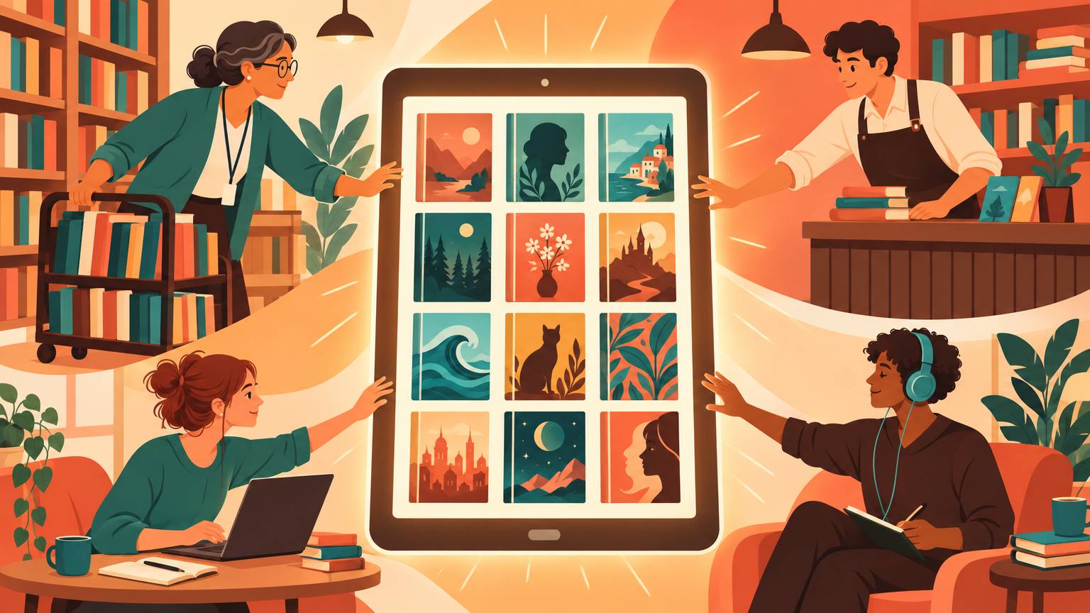 A tablet showing a grid of book covers, with a librarian, a bookseller, a blogger and a reviewer reaching for it
