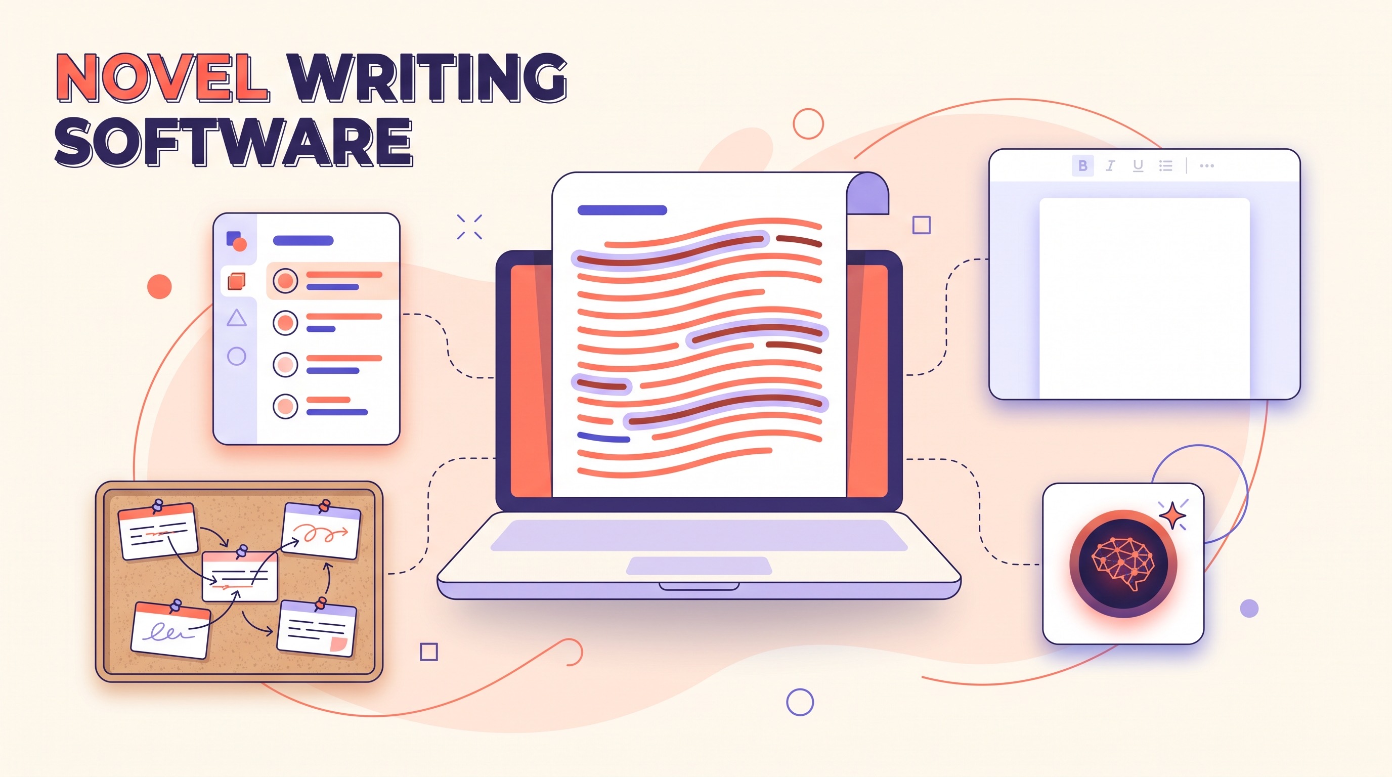 Illustration of a laptop showing a manuscript, surrounded by writing app panels: a chapter list, a corkboard of scene cards, a blank page, and an AI panel