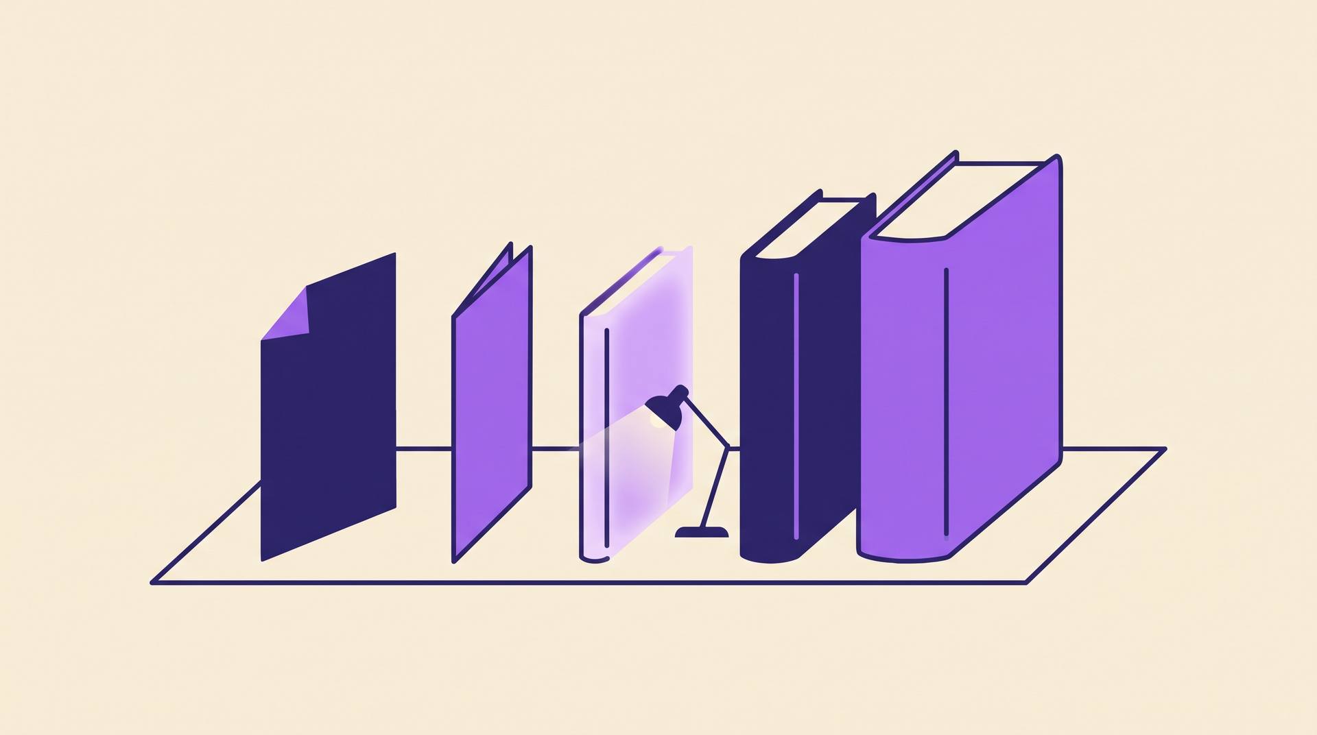A shelf of books growing thicker from left to right, with a reading lamp lighting the slim book in the middle