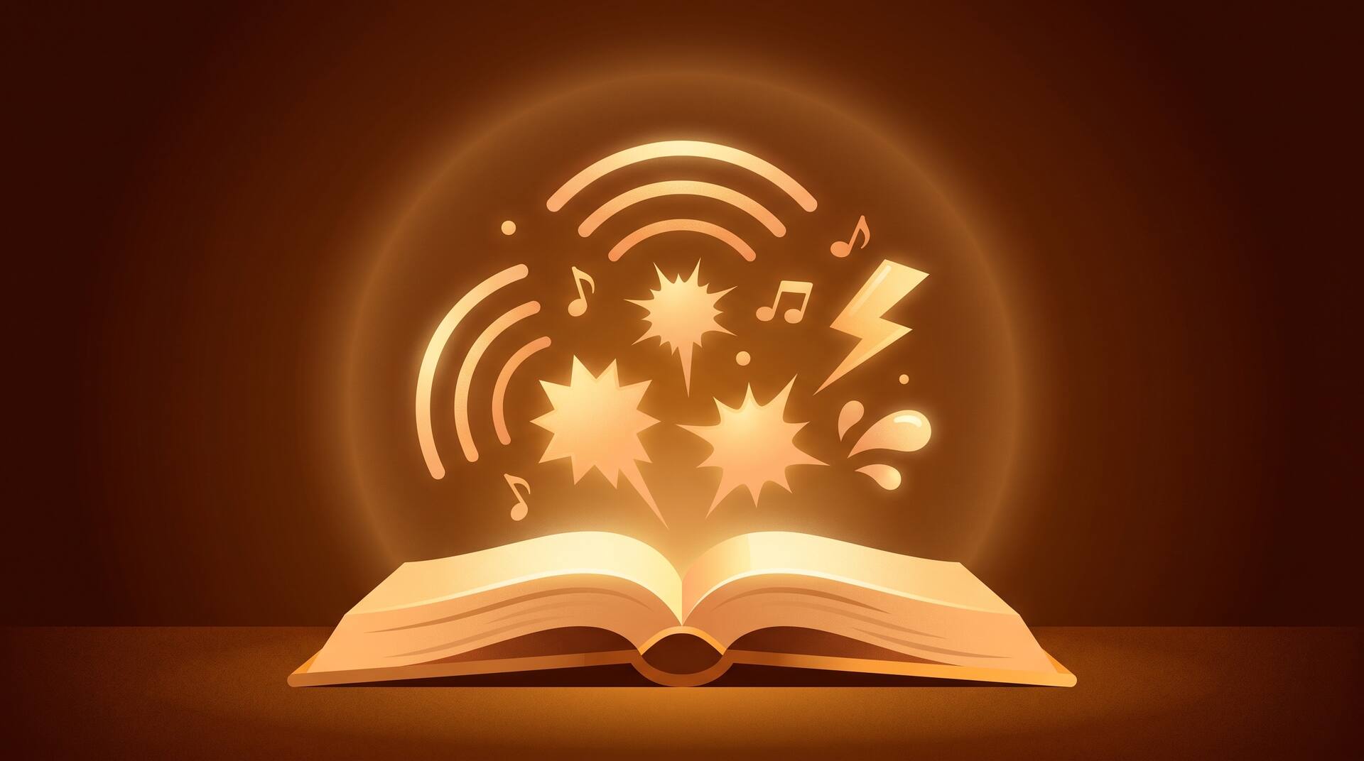 Illustration of comic sound bursts and sound waves rising from an open book