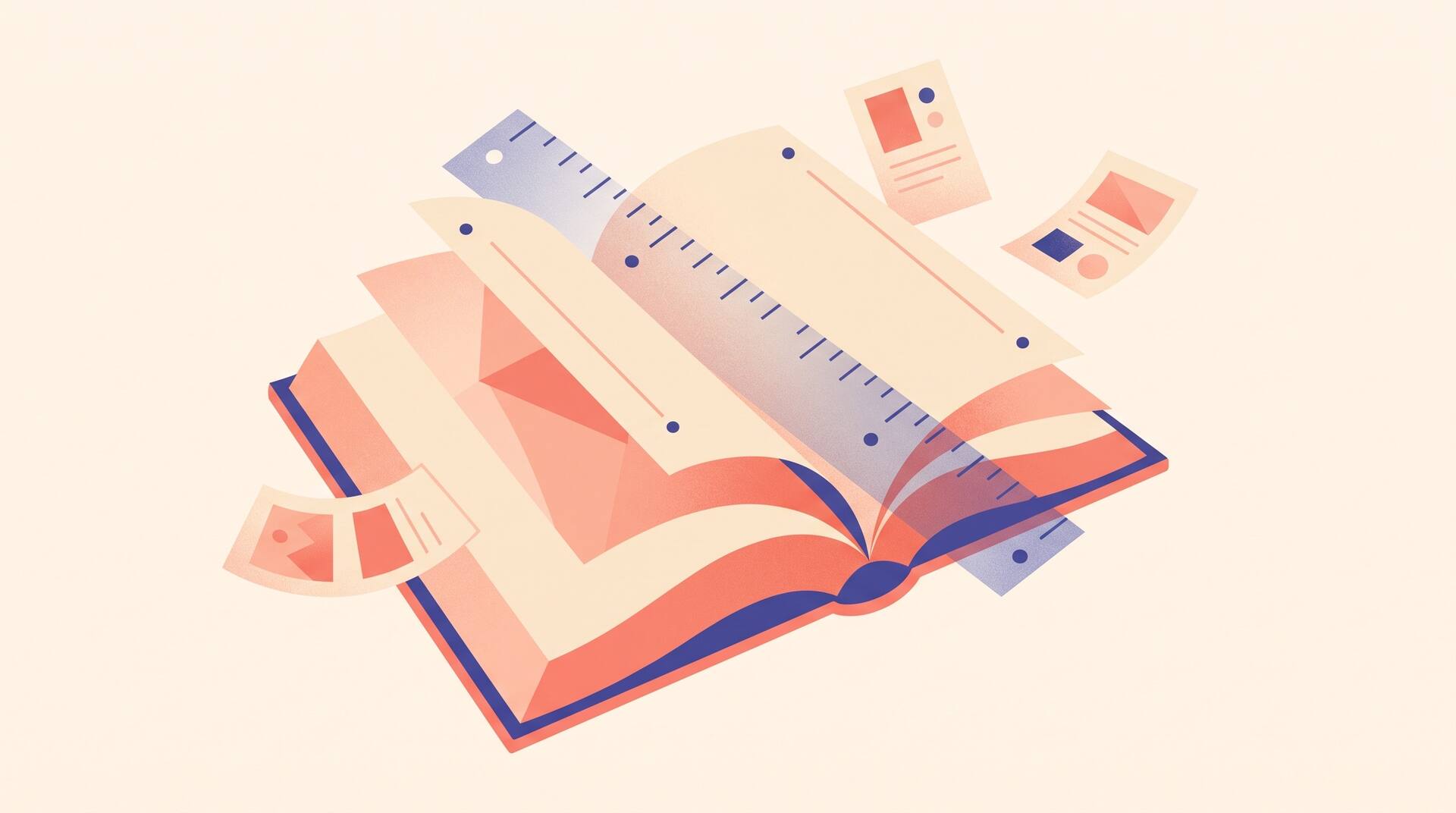 An open book with pages fanning and a translucent ruler measuring their length