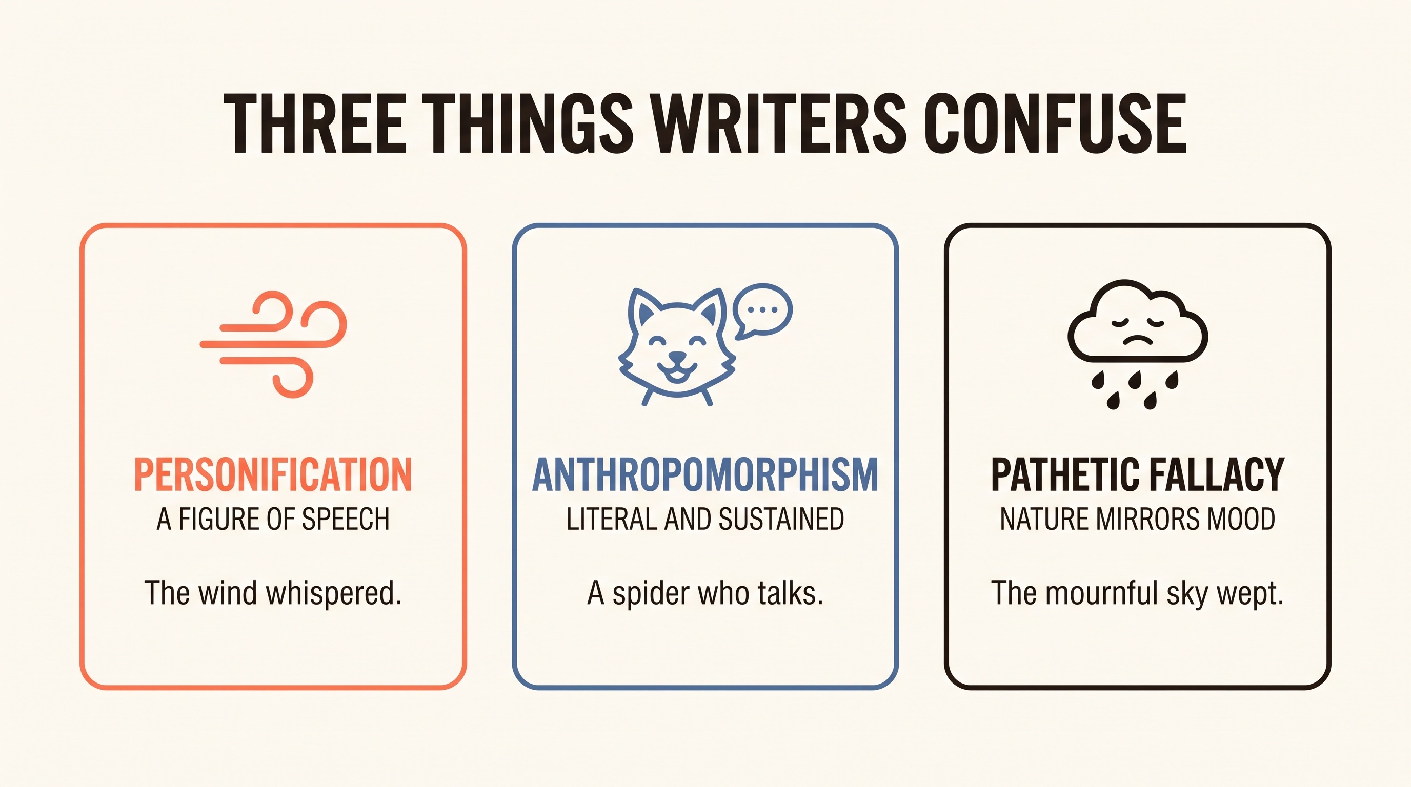 Comparison chart showing personification versus anthropomorphism versus pathetic fallacy with an example for each
