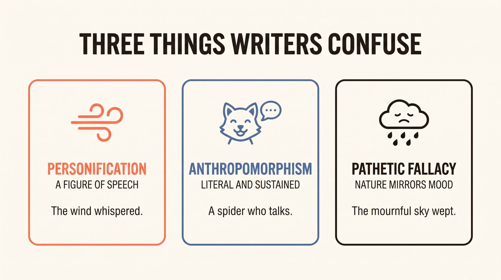 Comparison chart showing personification versus anthropomorphism versus pathetic fallacy with an example for each