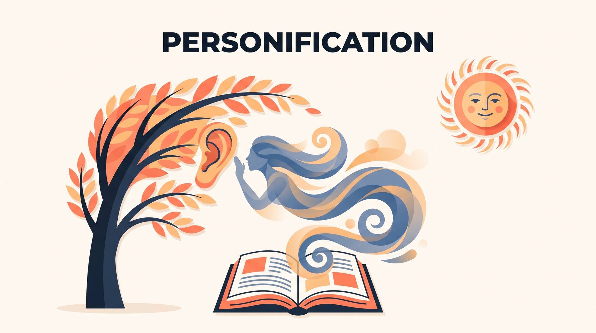Illustration of the wind personified as a flowing figure whispering to a listening tree beneath a smiling sun and an open book