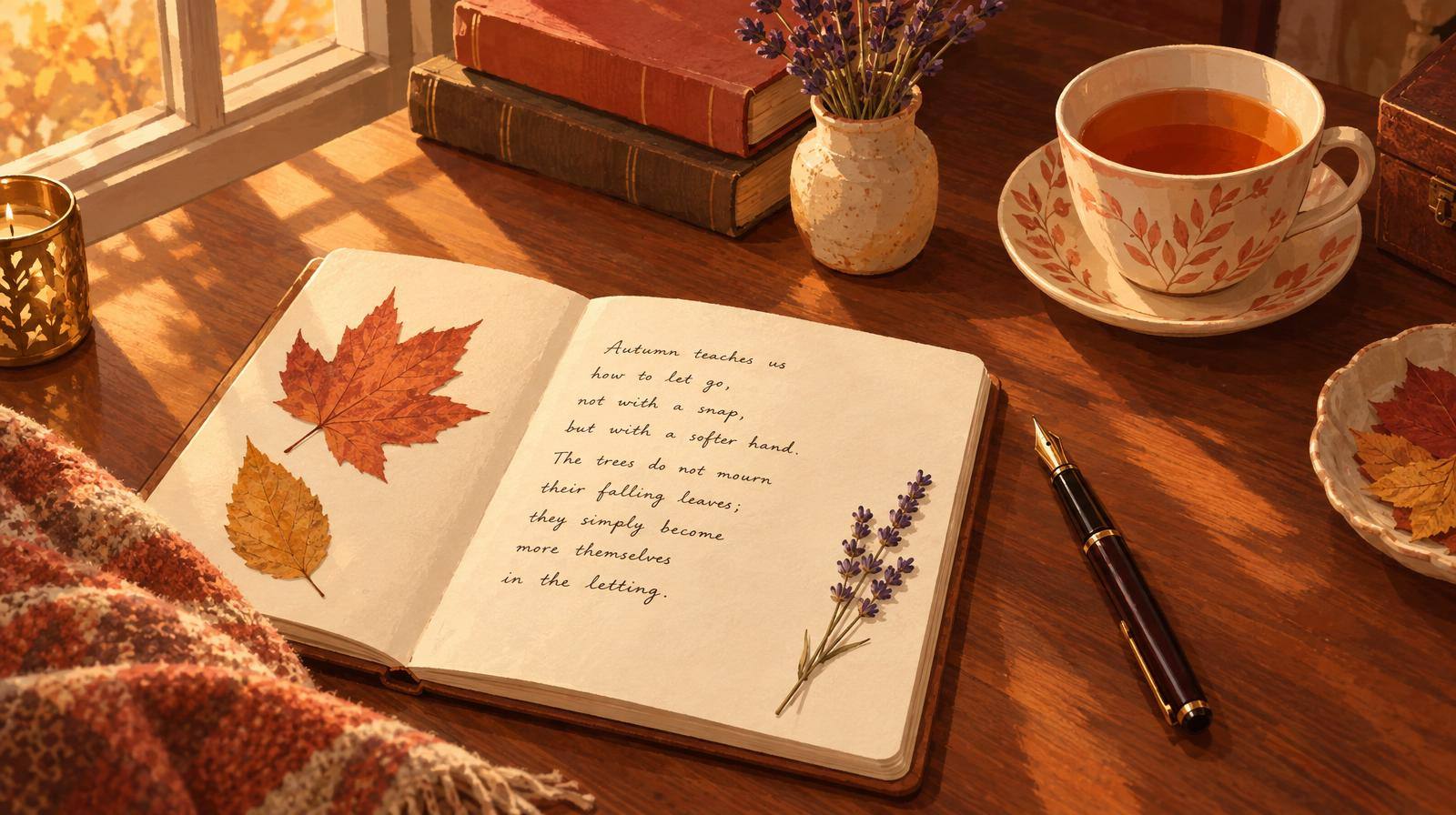 Un cuaderno abierto con un poema de otoño escrito a mano junto a una pluma estilográfica, una taza de té y hojas secas