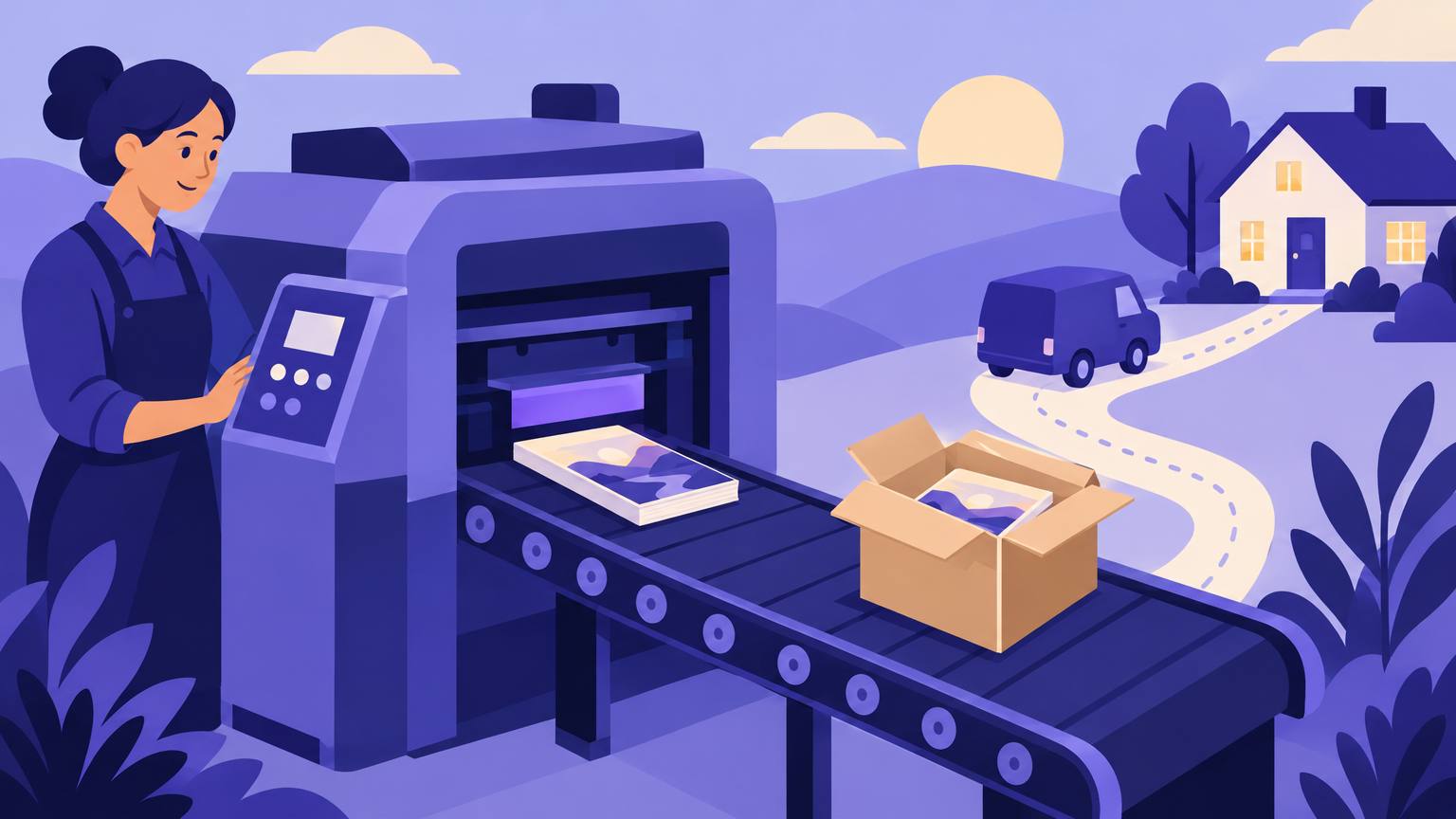 A printer producing a single paperback that travels on a conveyor to a delivery box and a house