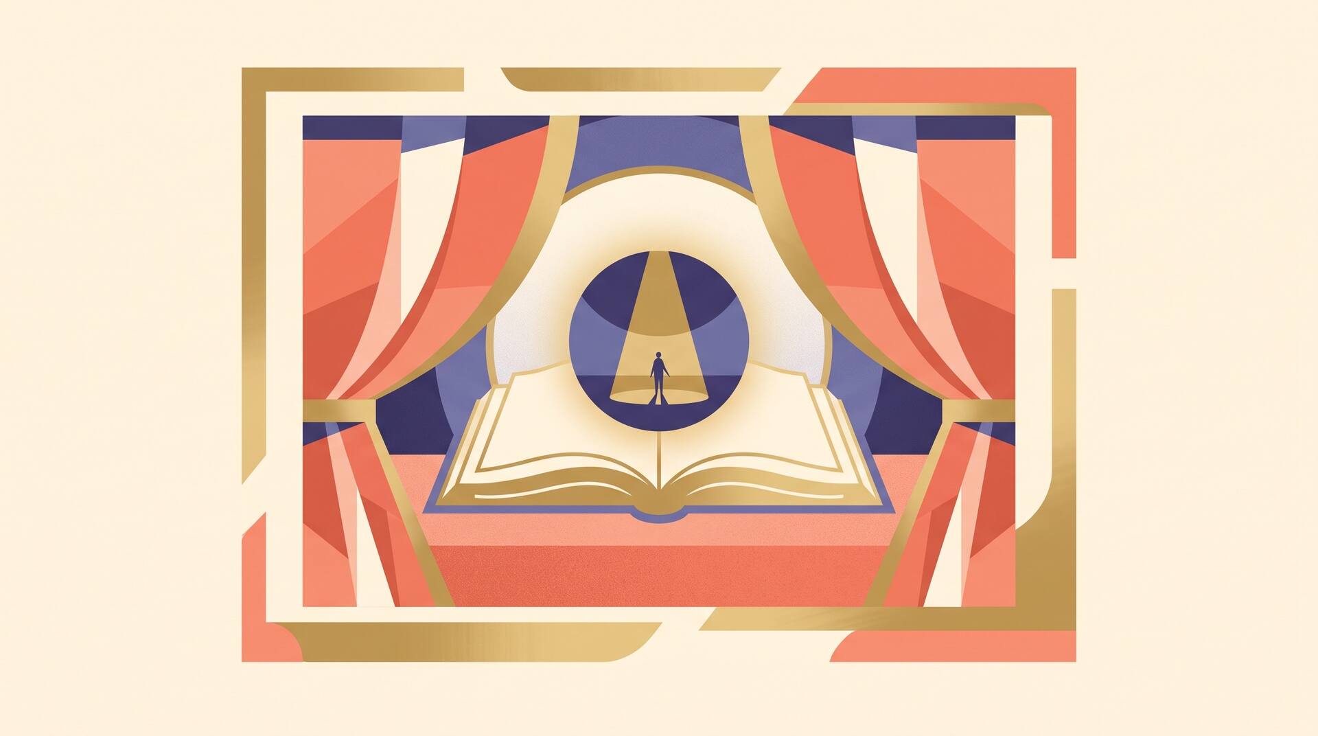 Theatrical stage curtains parting to reveal an open book with a lone spotlit figure, a scene that comes before chapter one