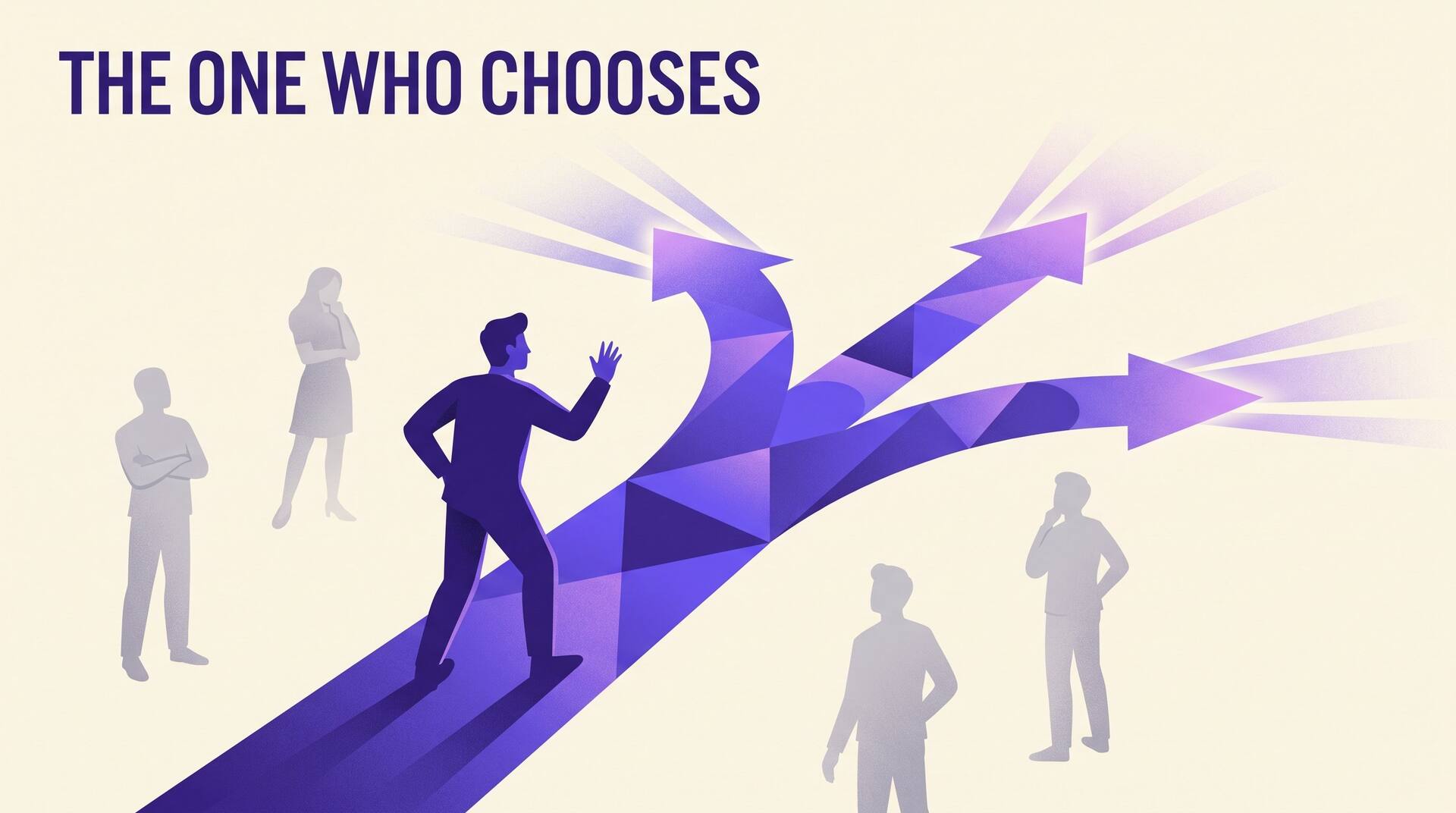 Illustration of a lone indigo figure choosing between three branching paths while faded grey figures stand watching