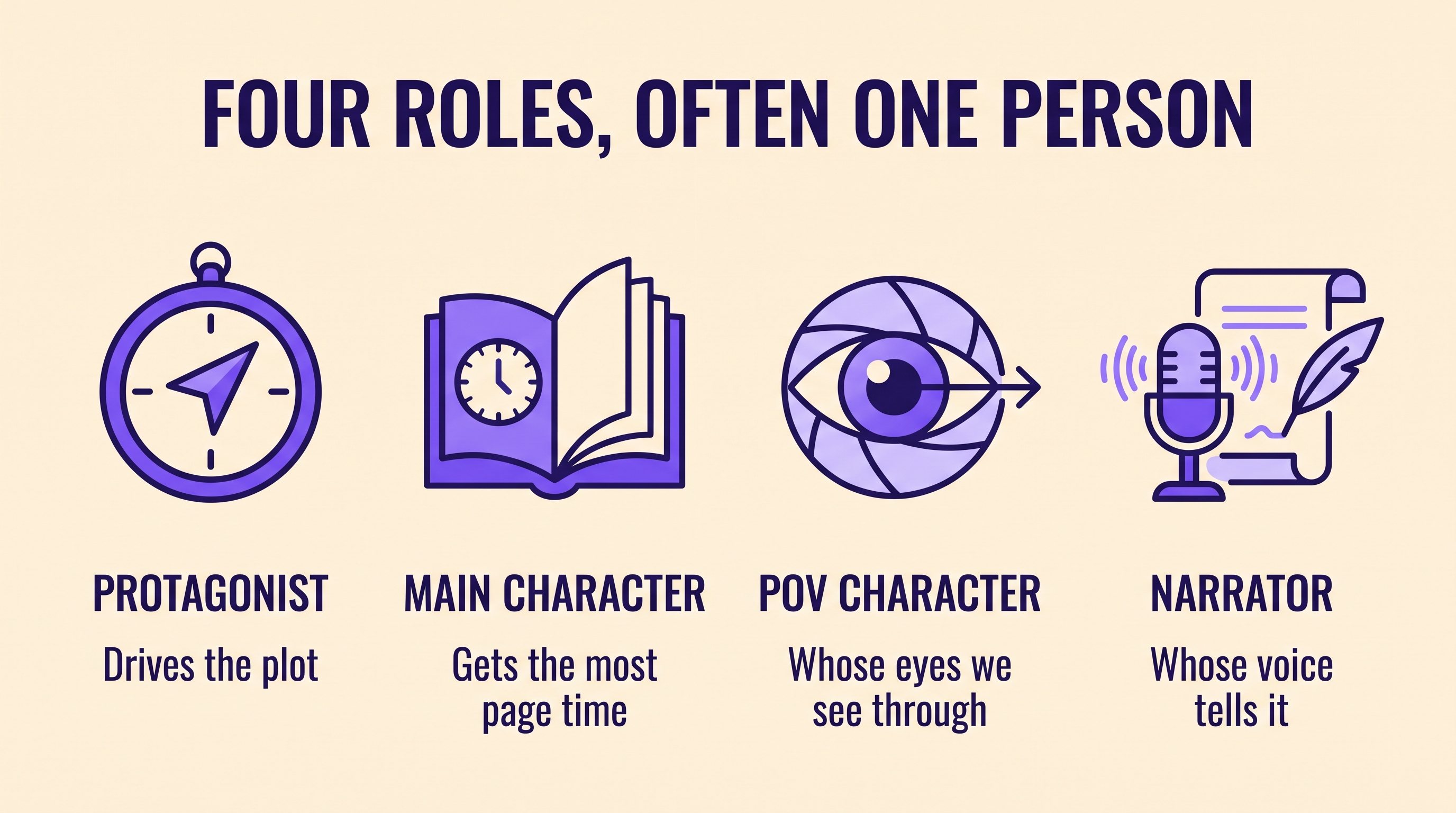 Infographic comparing four narrative roles: protagonist drives the plot, main character gets the most page time, POV character is whose eyes we see through, narrator is whose voice tells it