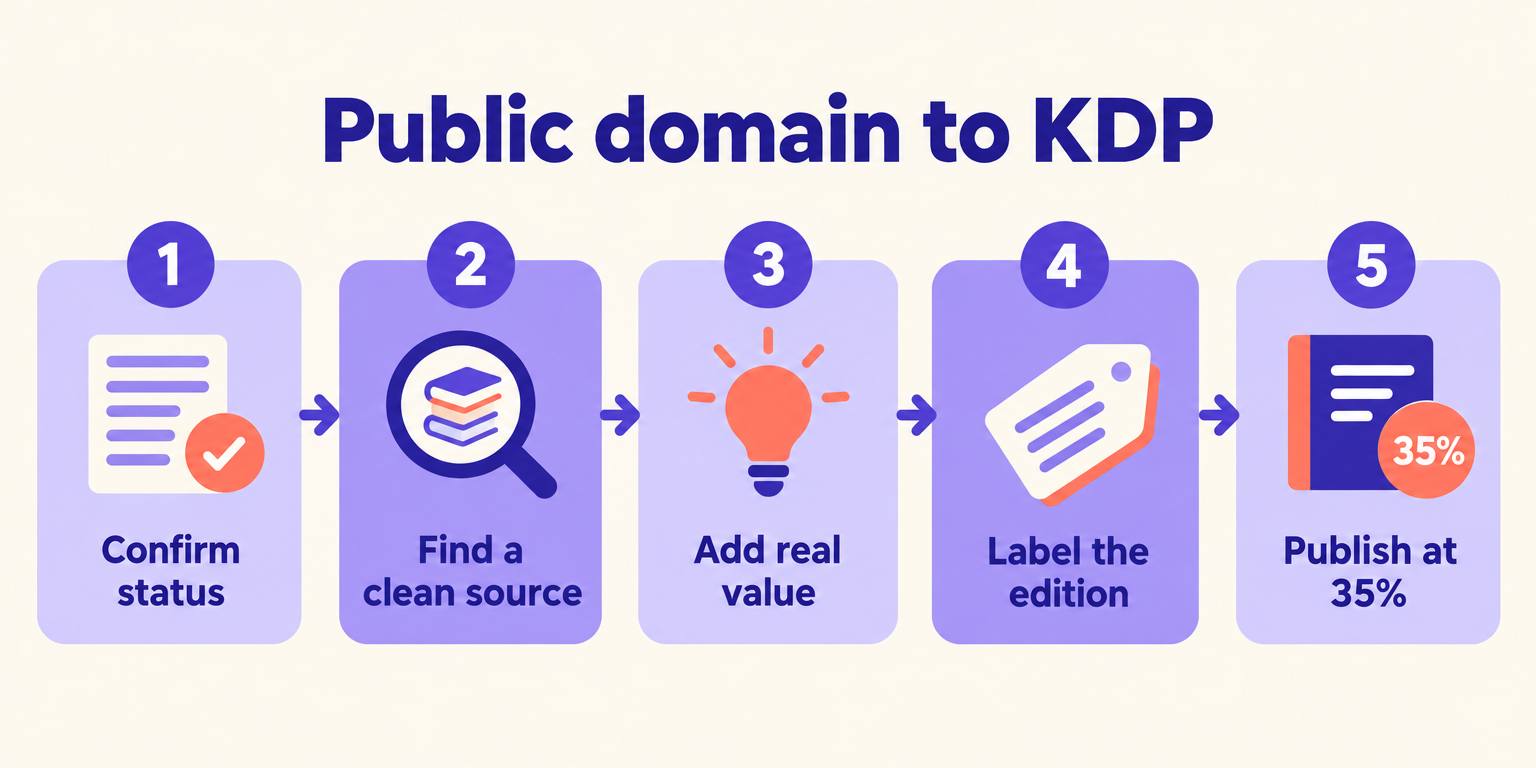 Five-step workflow: confirm status, find a clean source, add real value, label the edition, publish at 35%