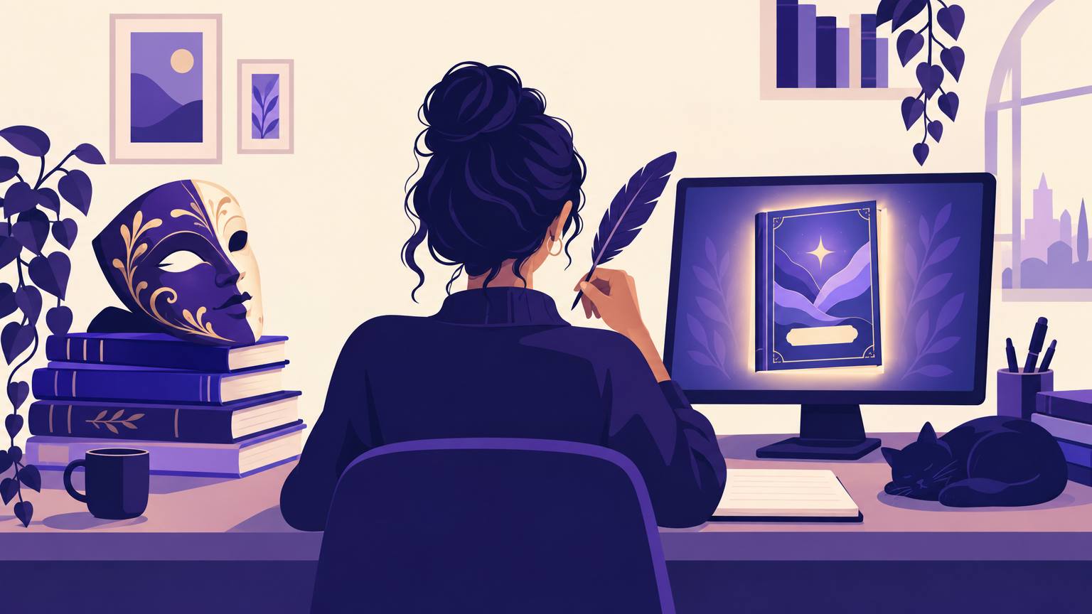 A writer at a desk with a quill, a decorative half mask resting on a stack of books, and a book cover glowing on the monitor